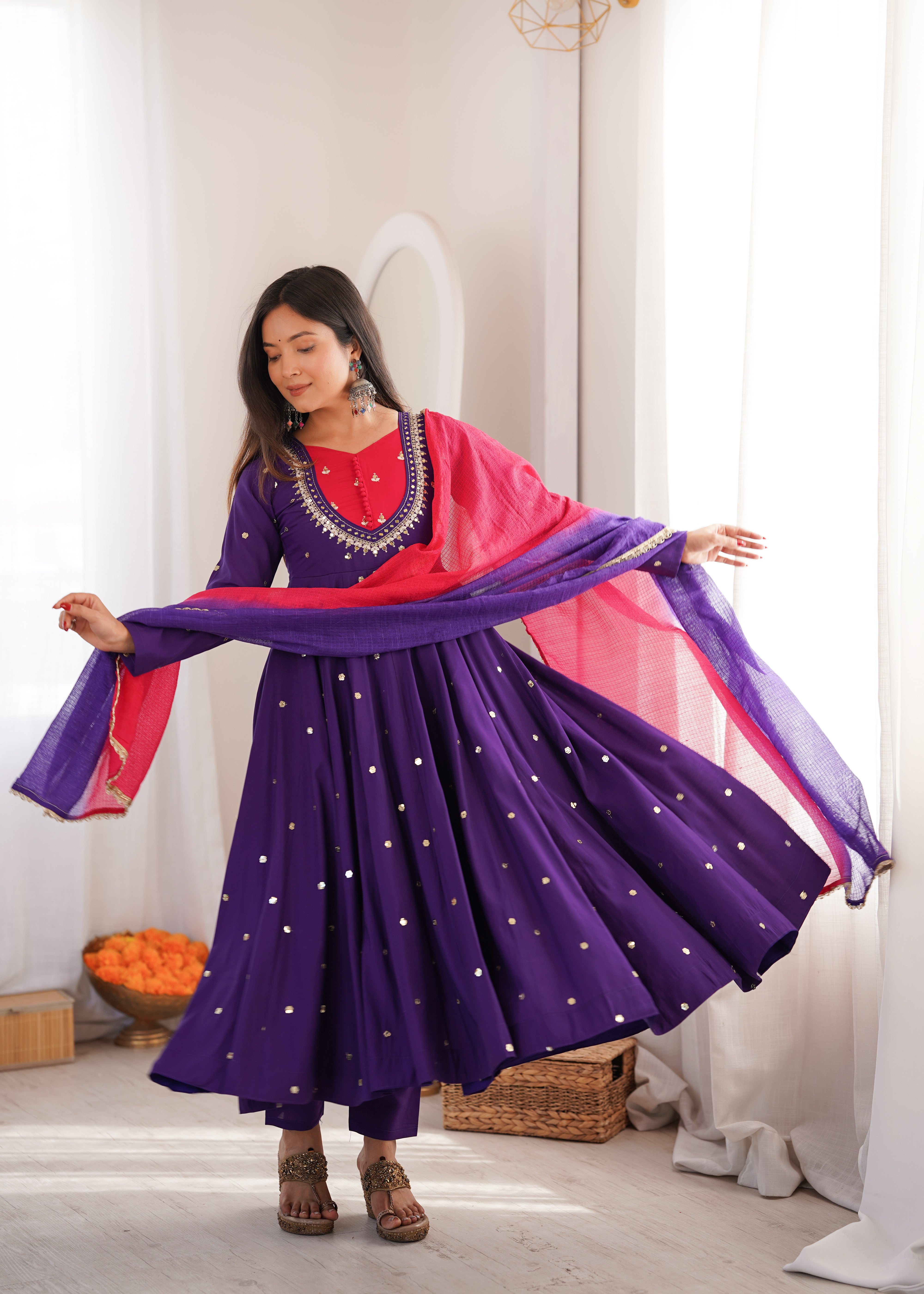 Royal Purple Roman Silk Embroidered Anarkali Suit Set with Dual Tone Dupatta