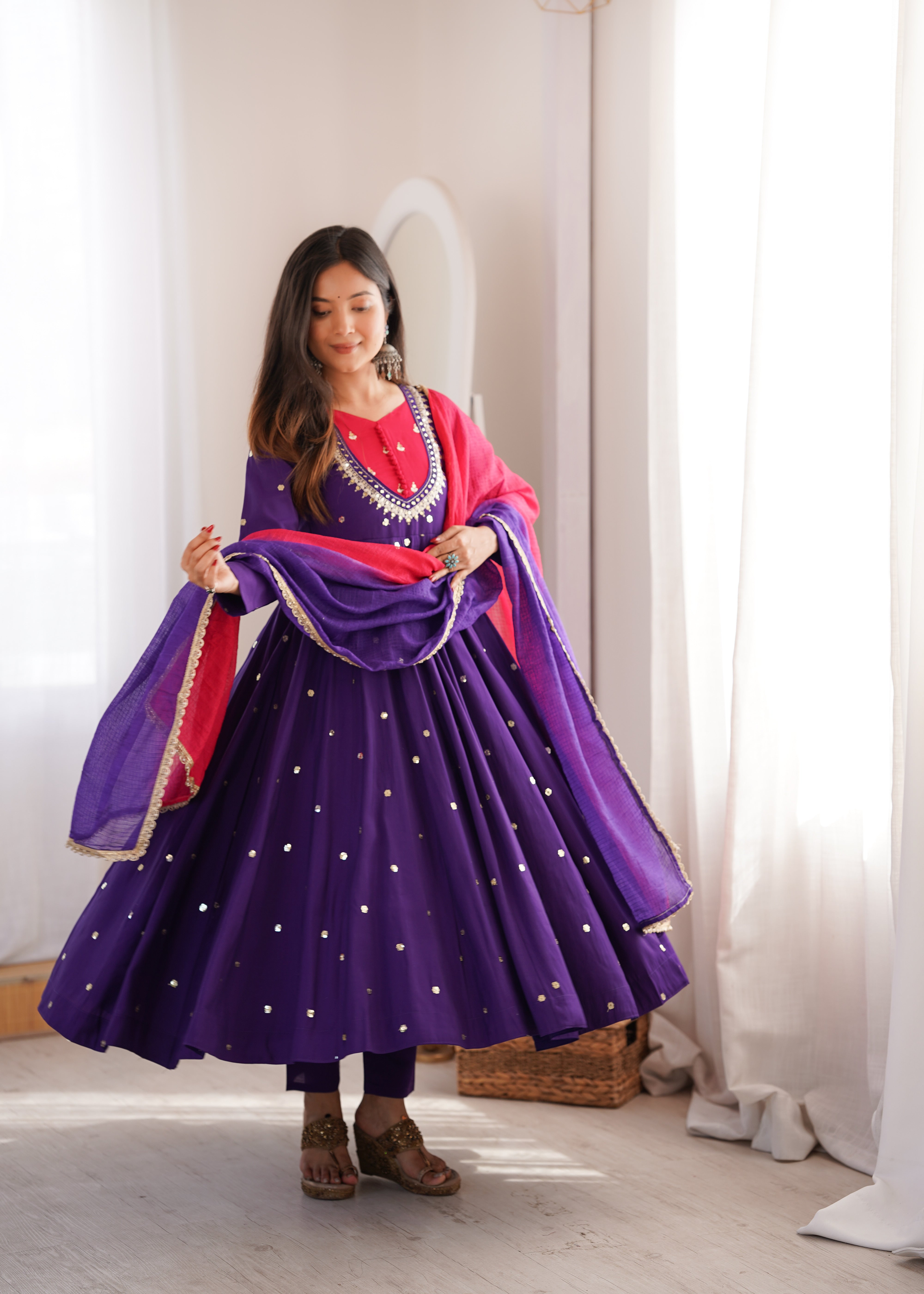 Royal Purple Roman Silk Embroidered Anarkali Suit Set with Dual Tone Dupatta