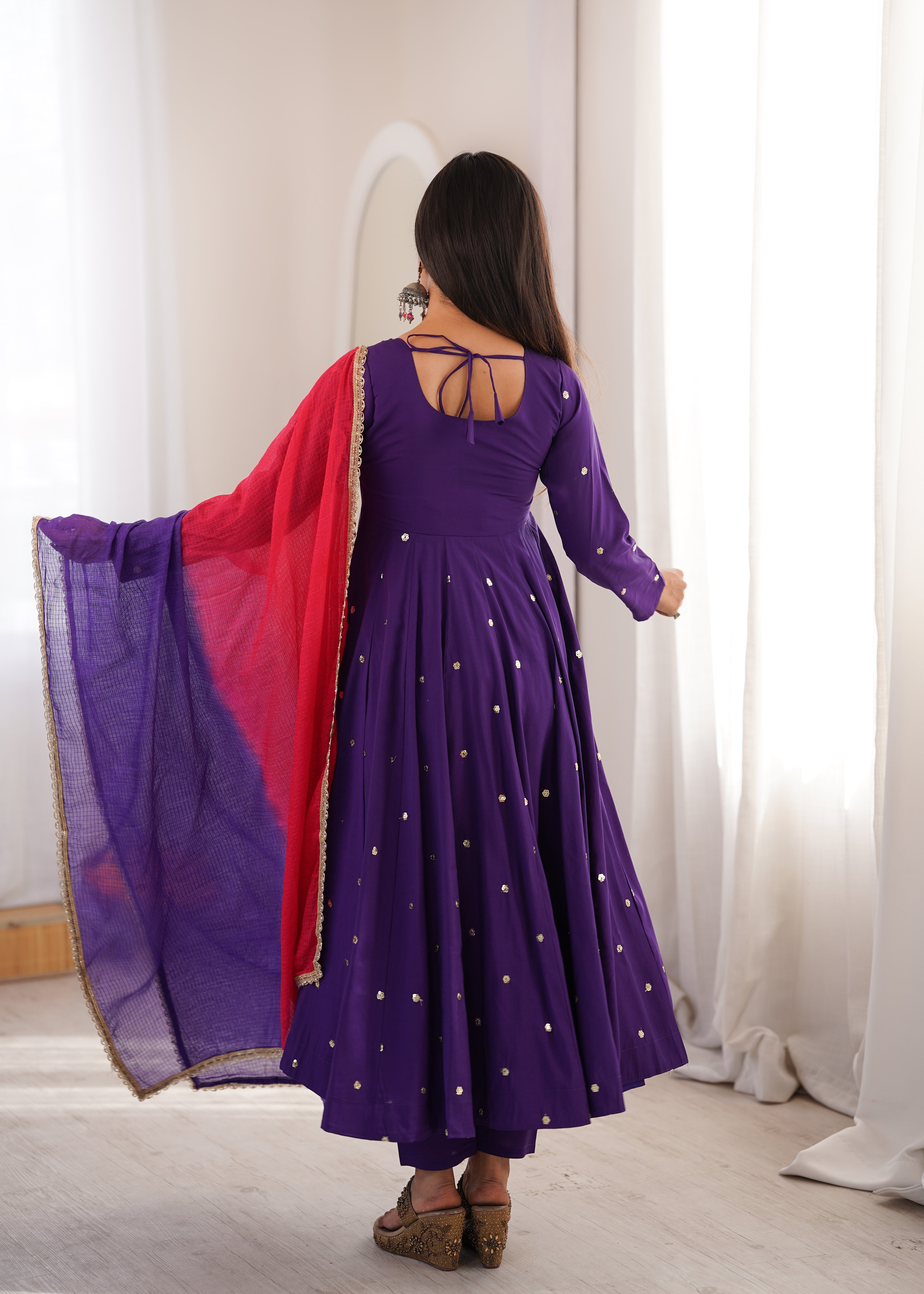 Royal Purple Roman Silk Embroidered Anarkali Suit Set with Dual Tone Dupatta