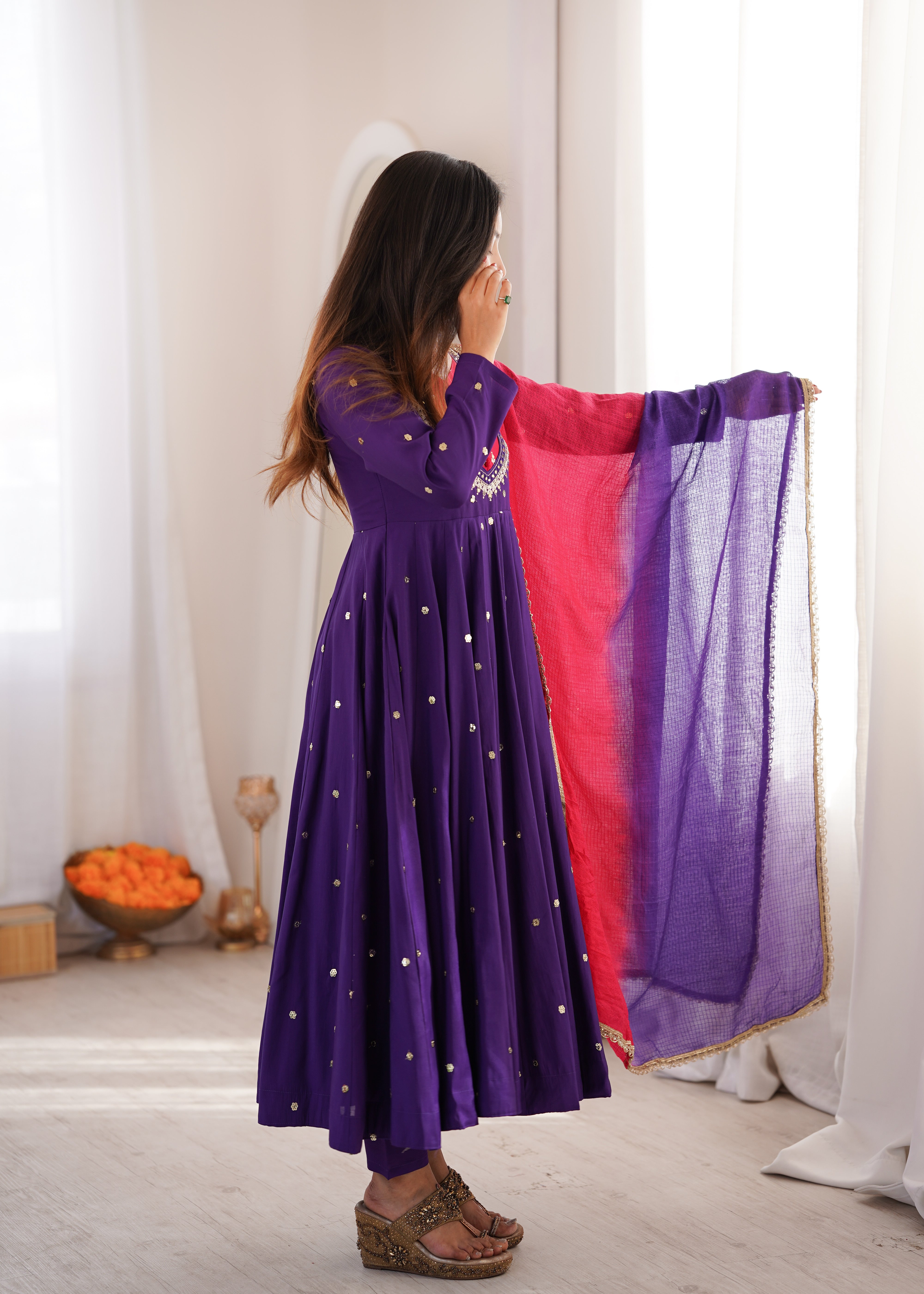Royal Purple Roman Silk Embroidered Anarkali Suit Set with Dual Tone Dupatta