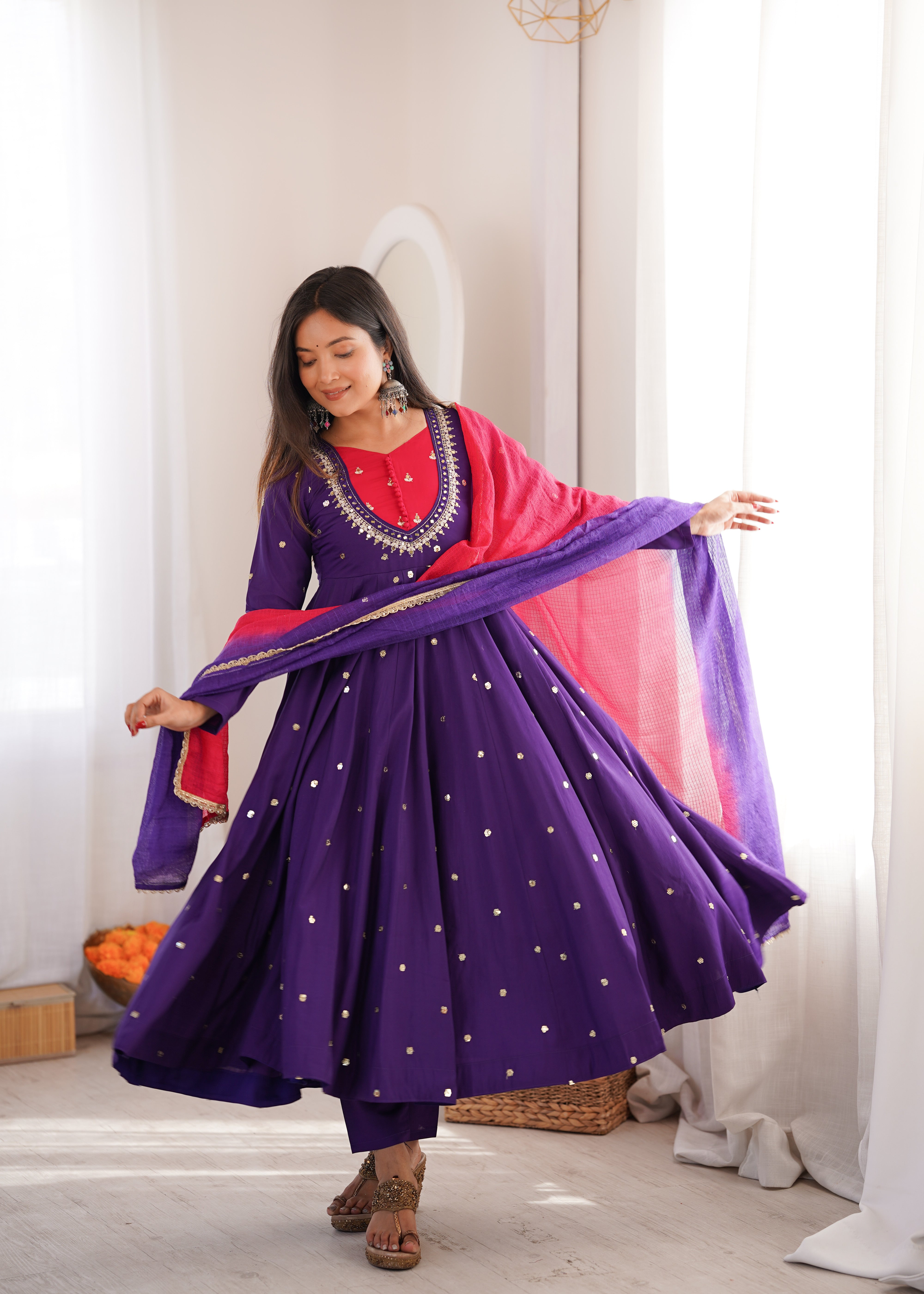 Royal Purple Roman Silk Embroidered Anarkali Suit Set with Dual Tone Dupatta