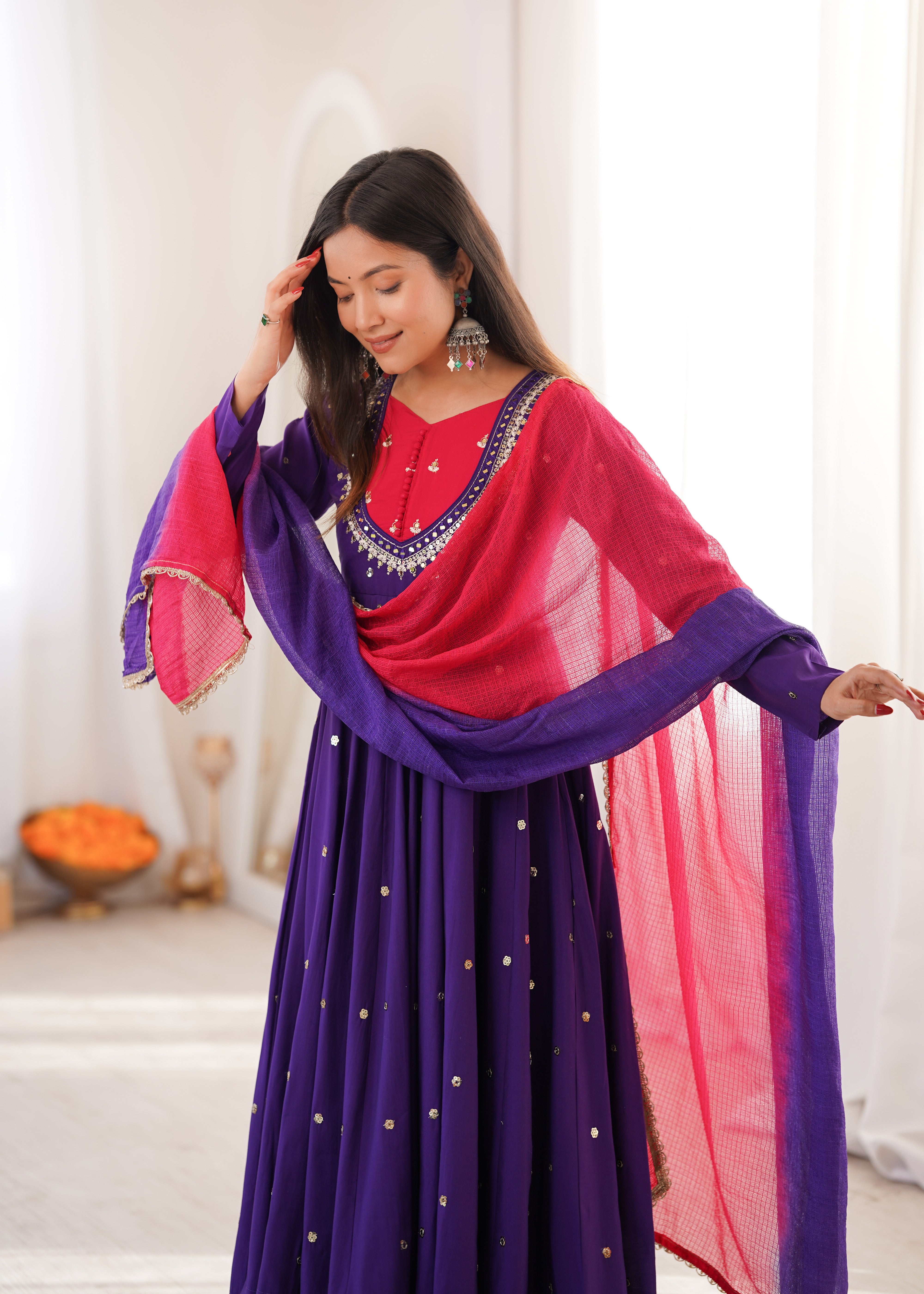 Royal Purple Roman Silk Embroidered Anarkali Suit Set with Dual Tone Dupatta