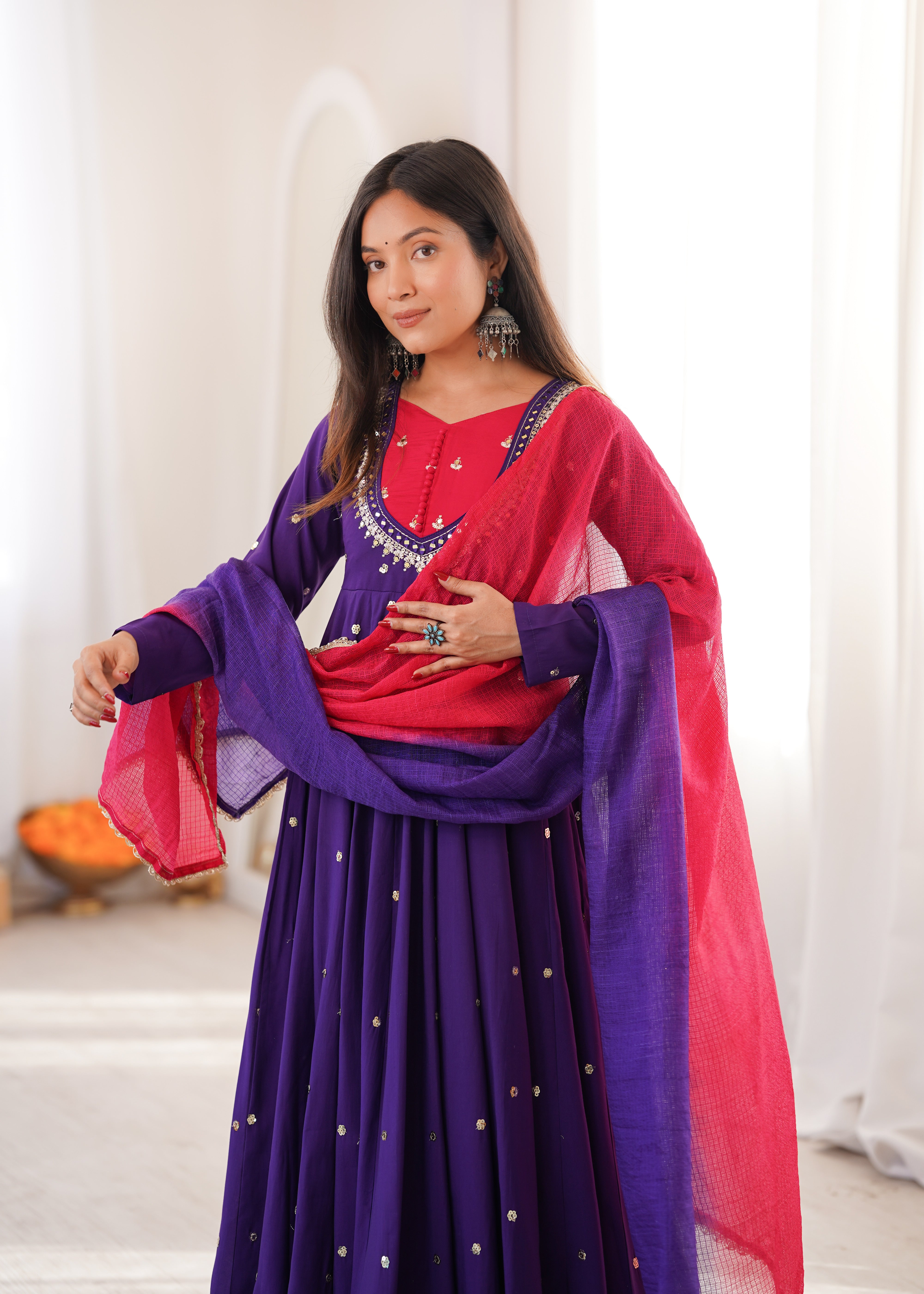 Royal Purple Roman Silk Embroidered Anarkali Suit Set with Dual Tone Dupatta