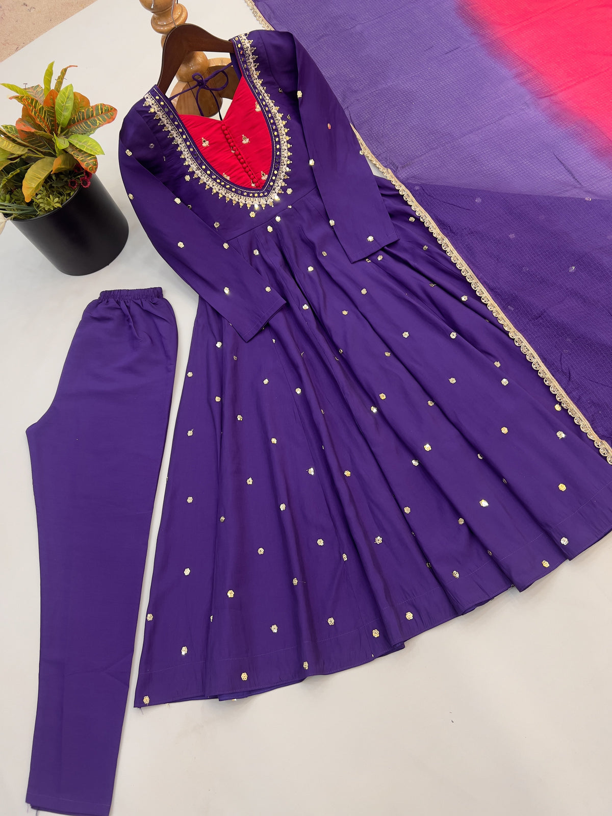 Royal Purple Roman Silk Embroidered Anarkali Suit Set with Dual Tone Dupatta