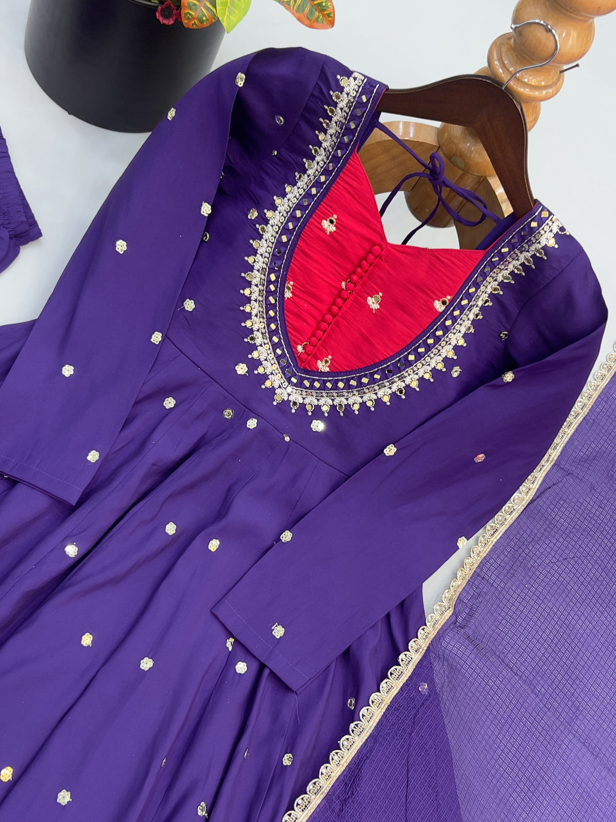 Royal Purple Roman Silk Embroidered Anarkali Suit Set with Dual Tone Dupatta