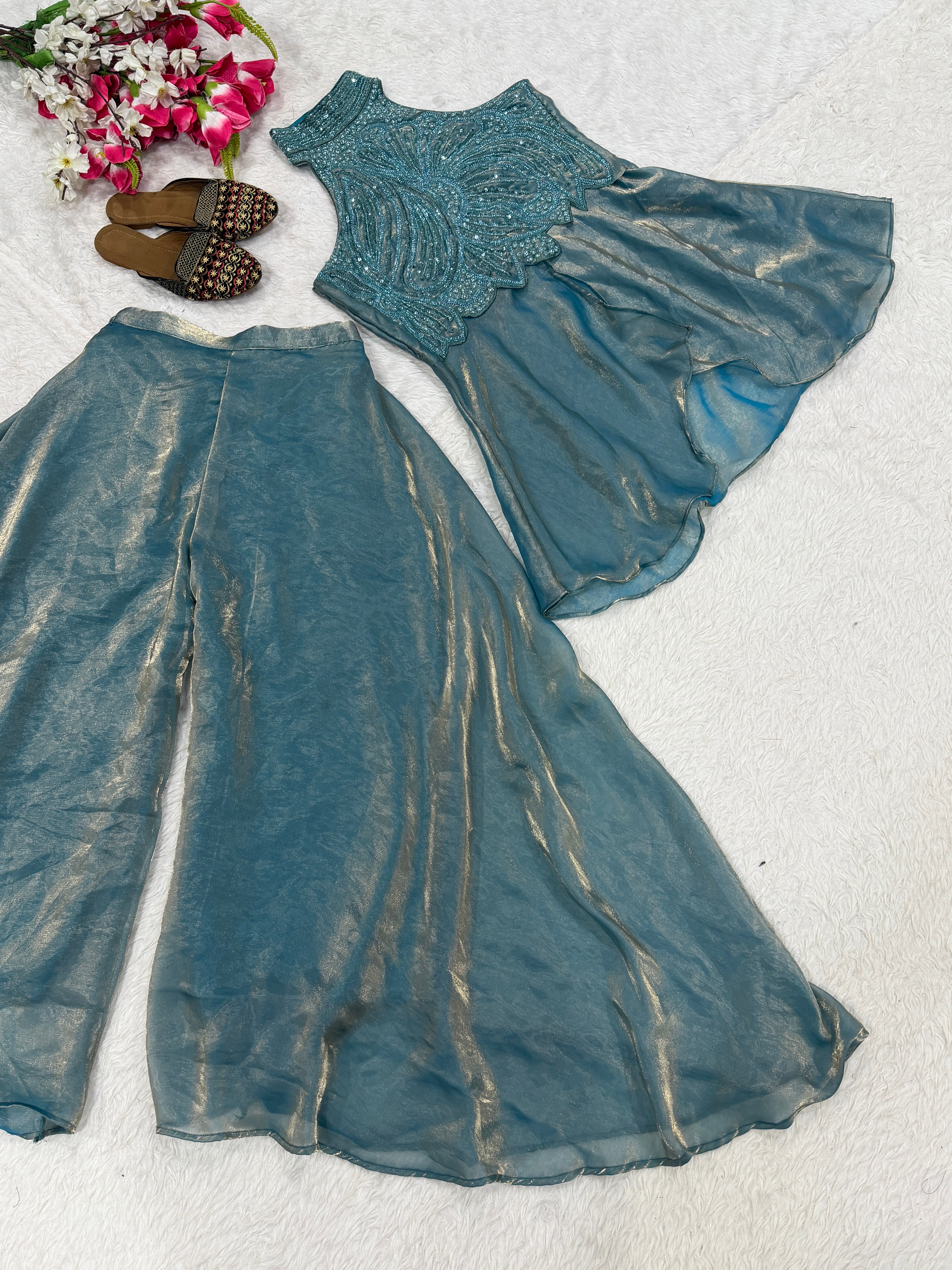 Sky Designer Full Neck Handwork Sharara Set for Women S to XXL – Premium Fendy Silk Party Wear
