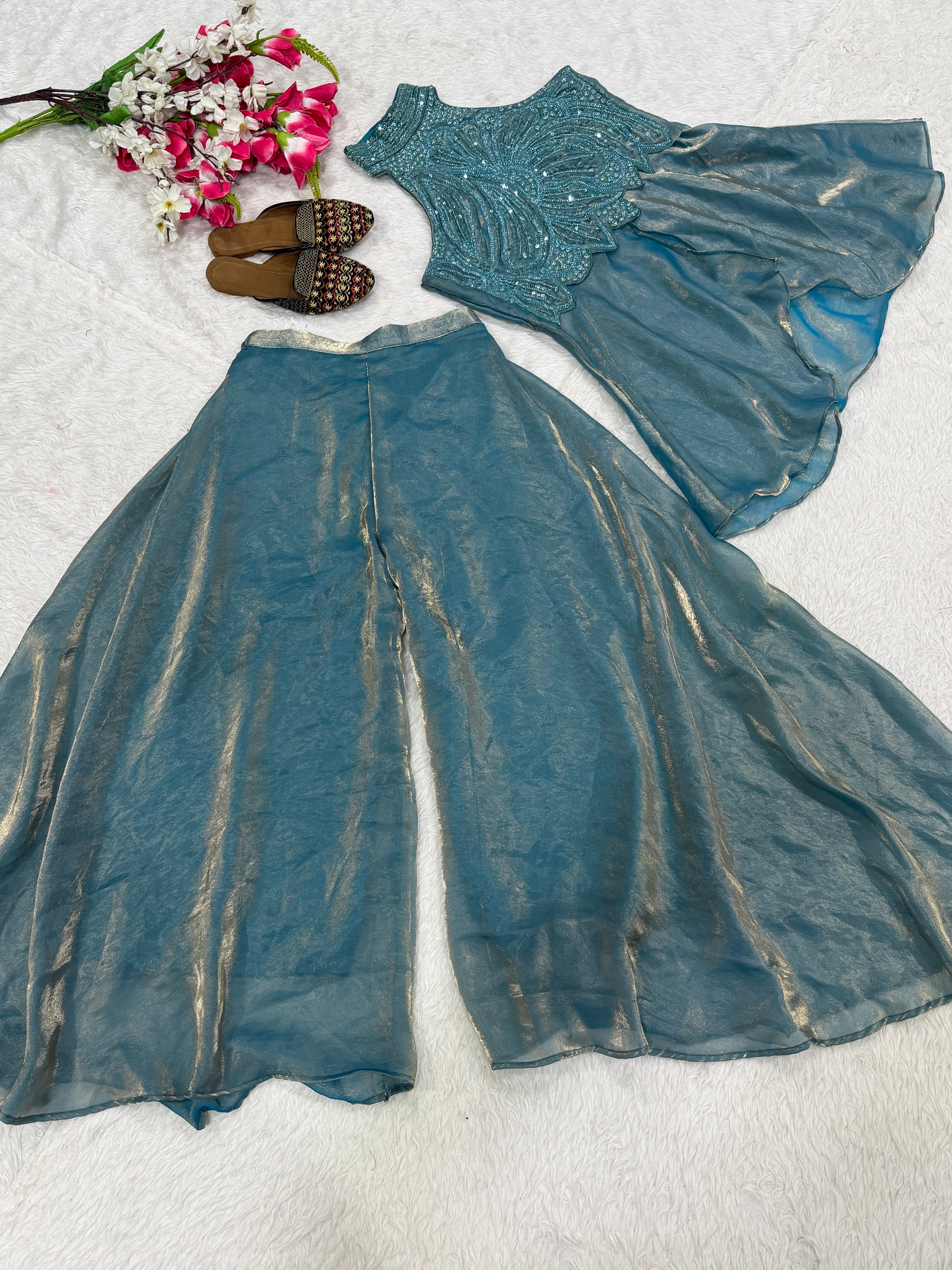 Sky Designer Full Neck Handwork Sharara Set for Women S to XXL – Premium Fendy Silk Party Wear