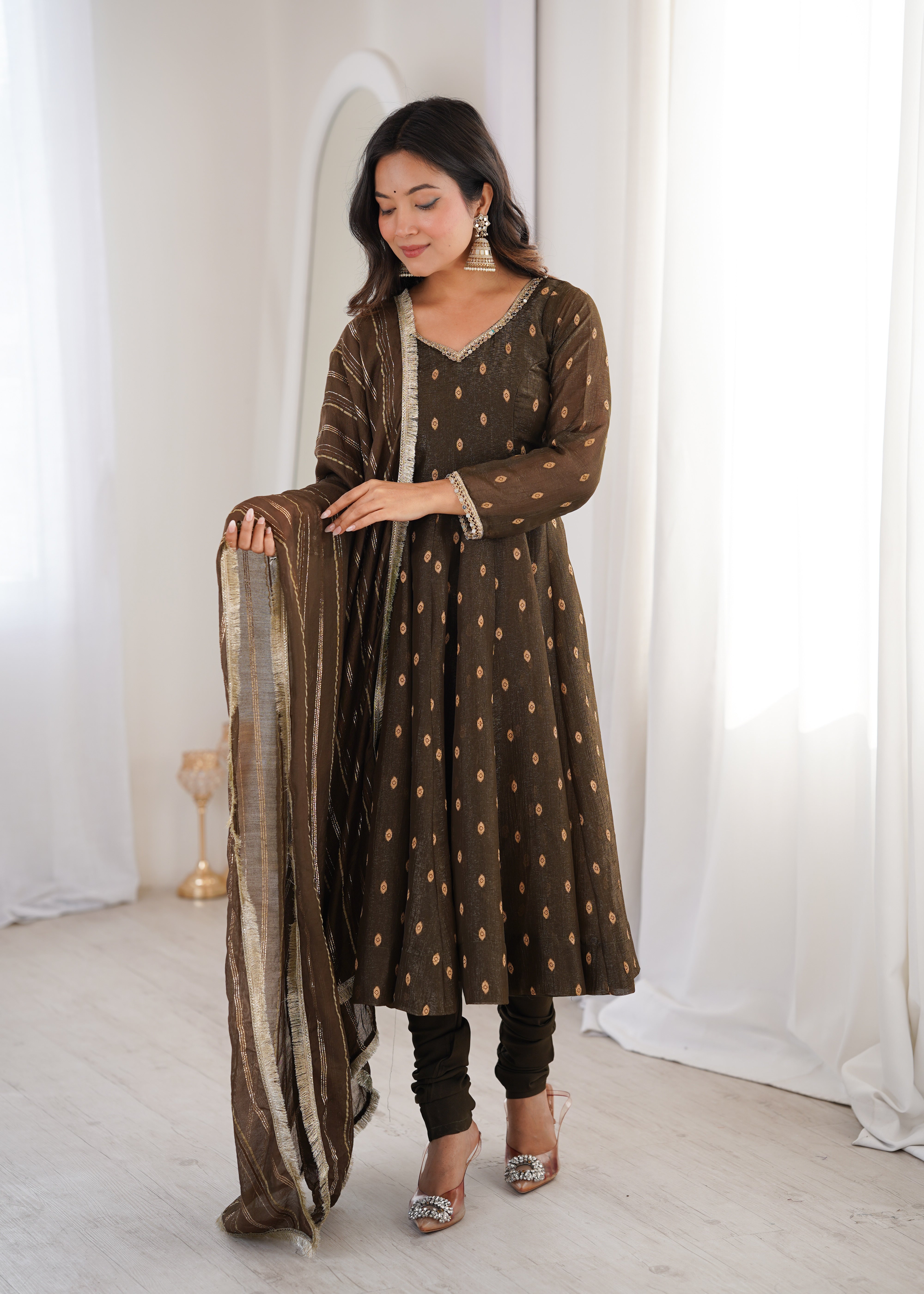 Walnut Brown Anarkali Three Piece Set in Heavy Crunchy Silk for Women | Nardev Fashion
