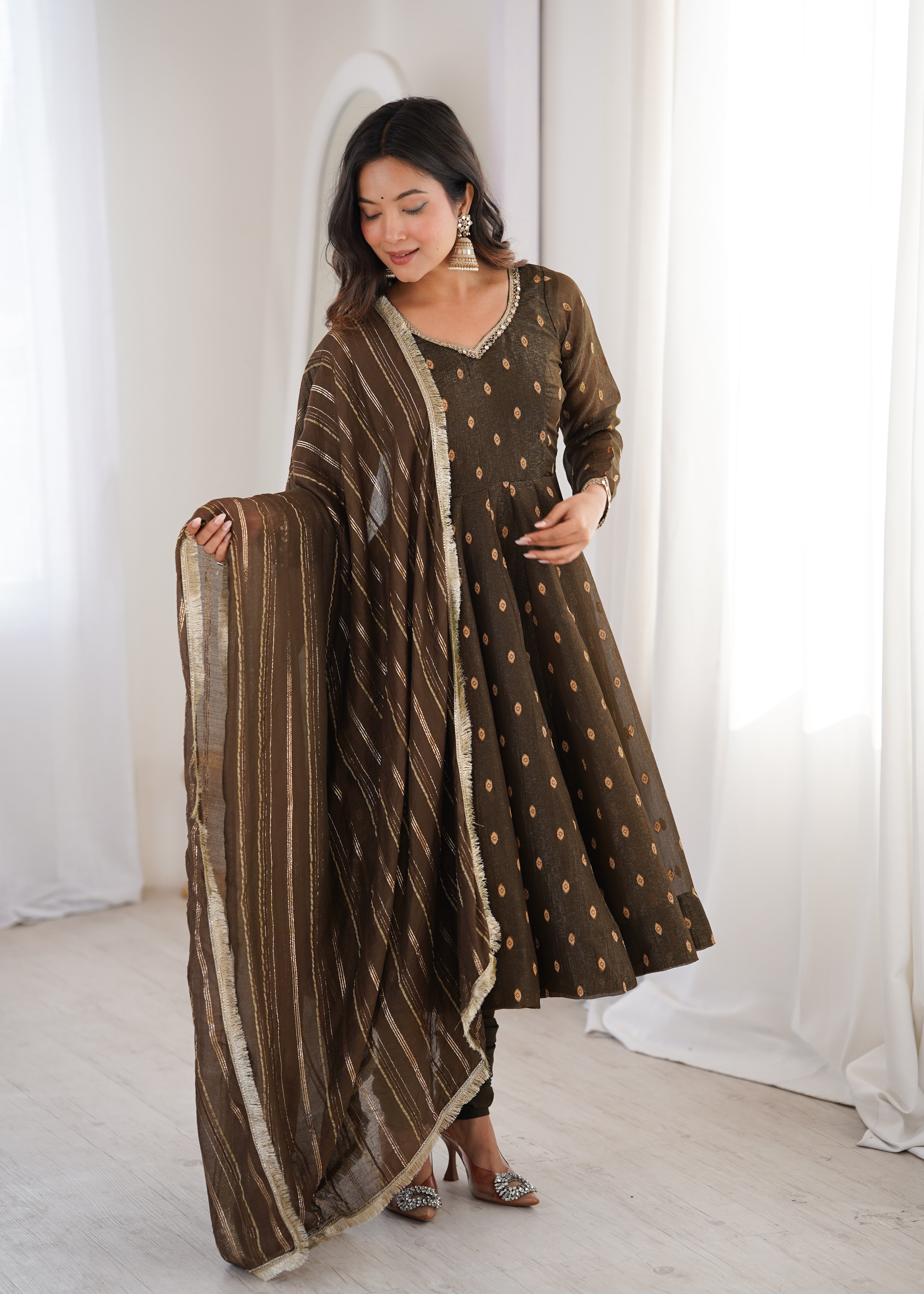 Walnut Brown Anarkali Three Piece Set in Heavy Crunchy Silk for Women | Nardev Fashion