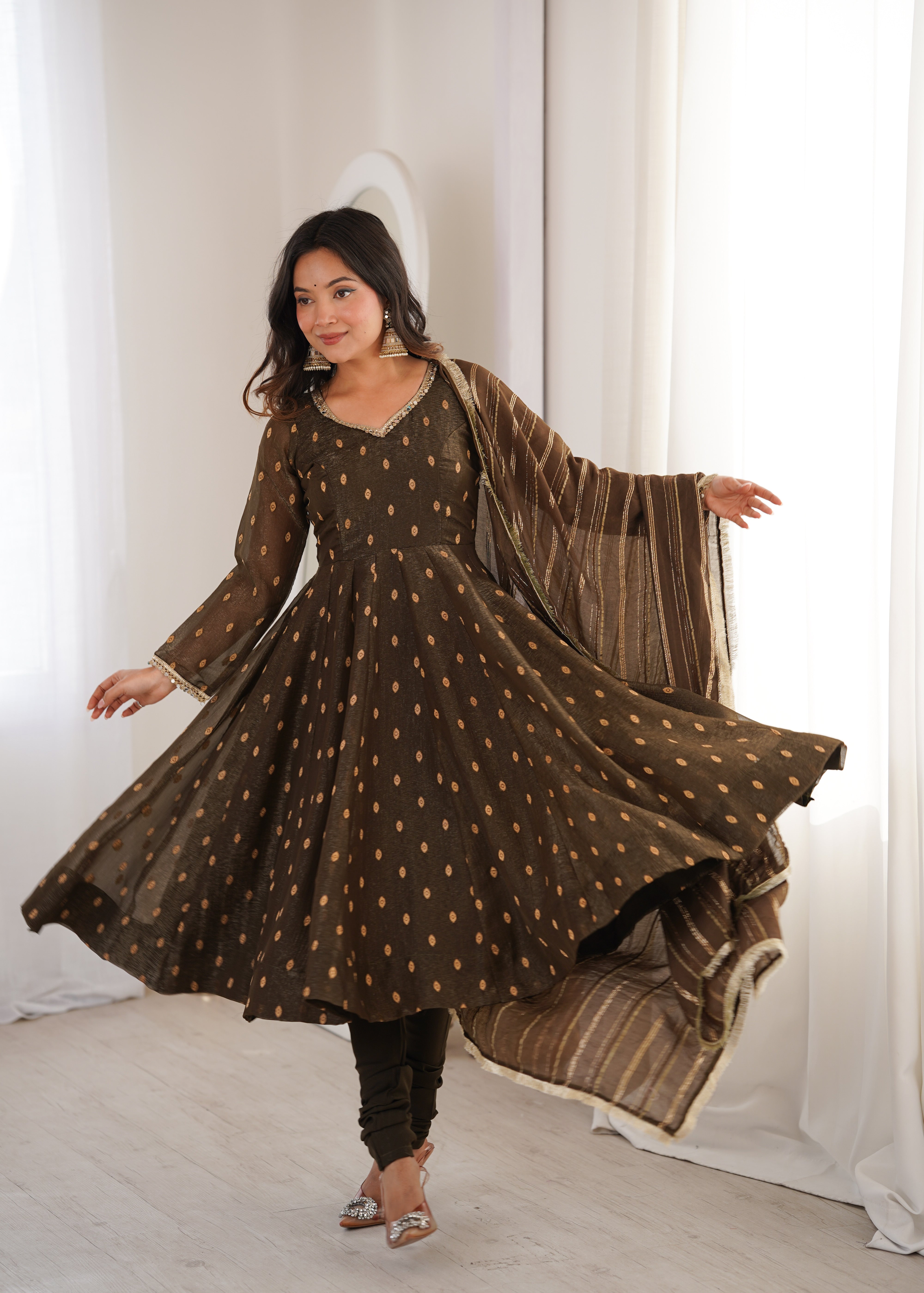 Walnut Brown Anarkali Three Piece Set in Heavy Crunchy Silk for Women | Nardev Fashion