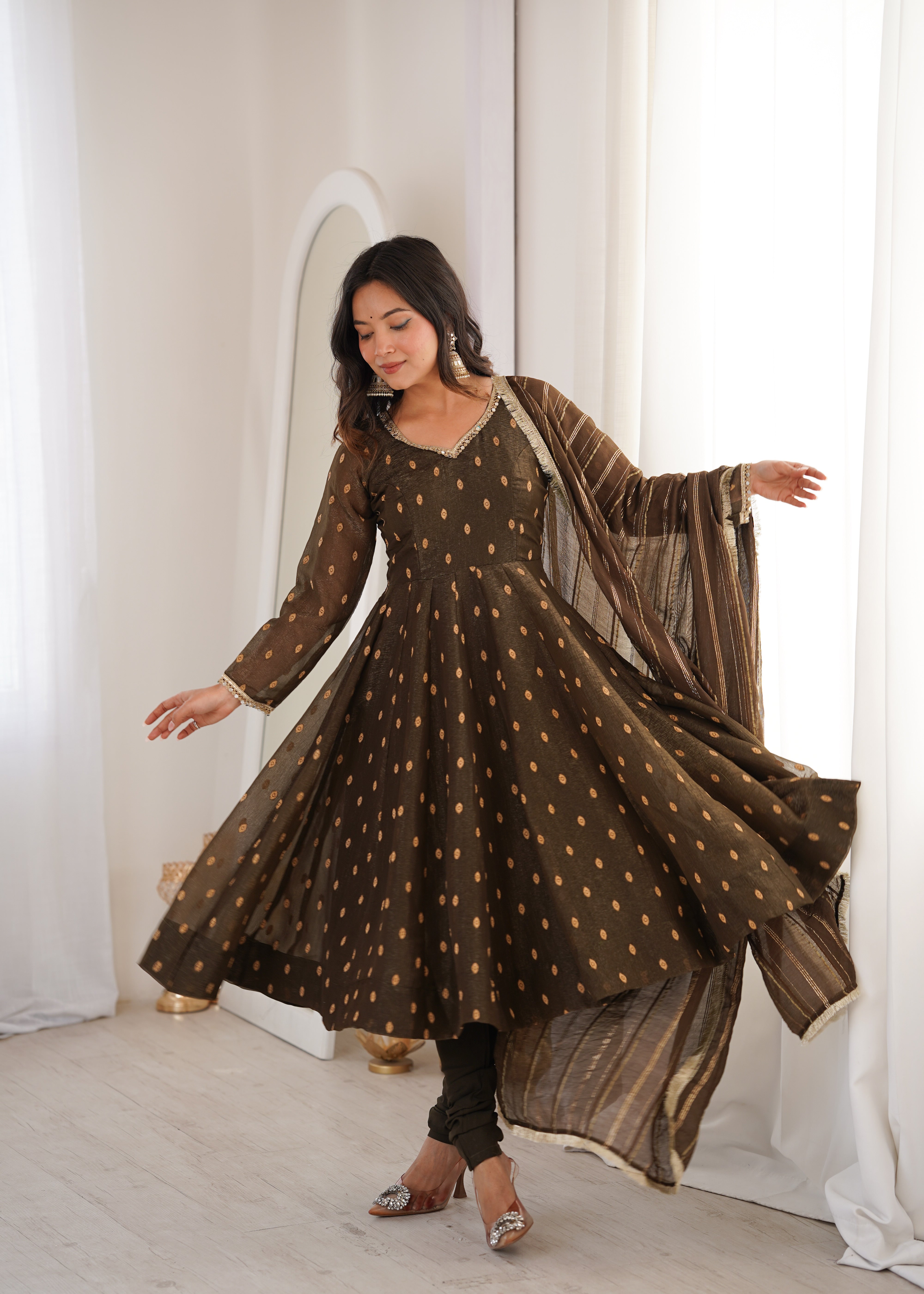 Walnut Brown Anarkali Three Piece Set in Heavy Crunchy Silk for Women | Nardev Fashion