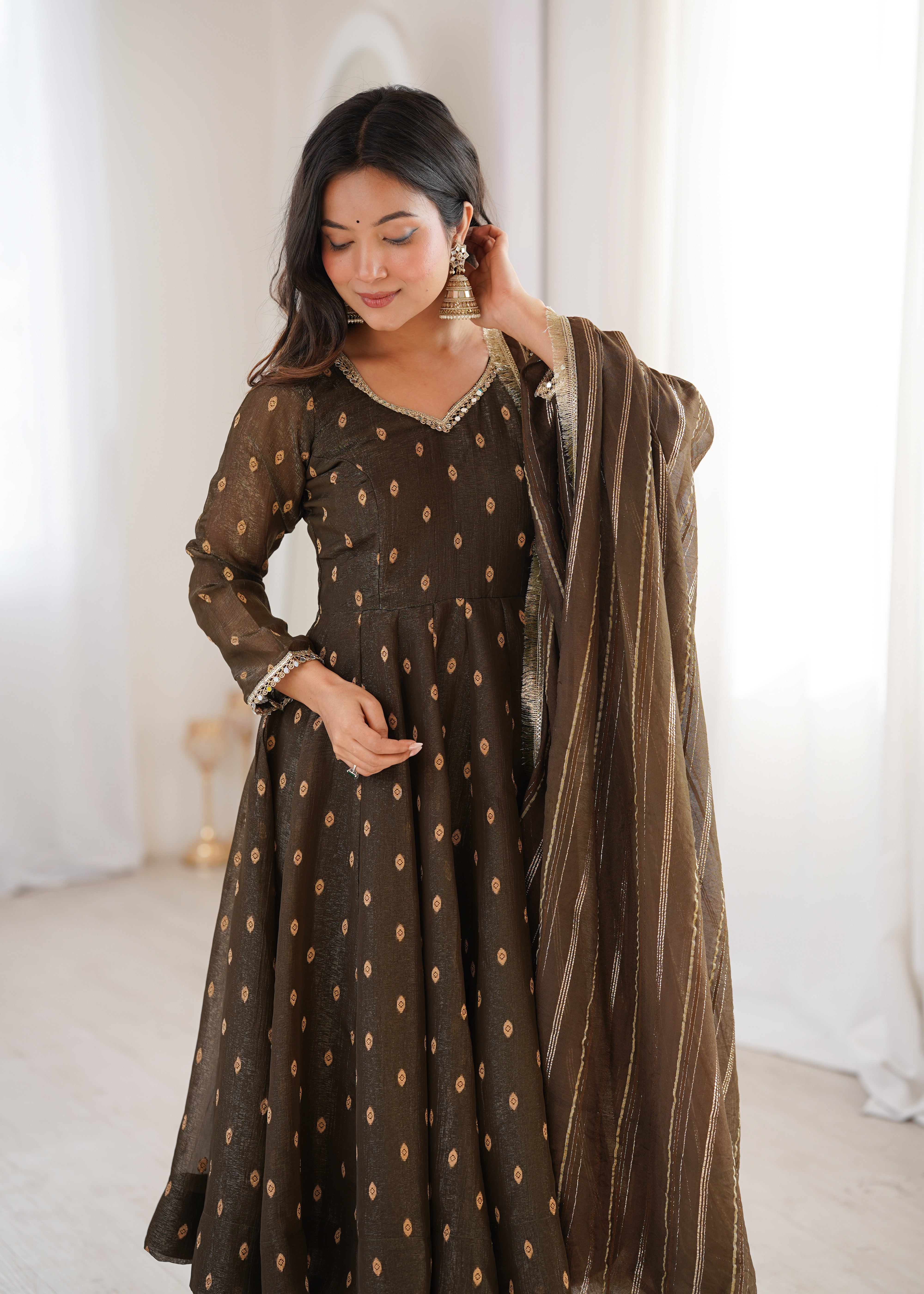 Walnut Brown Anarkali Three Piece Set in Heavy Crunchy Silk for Women | Nardev Fashion