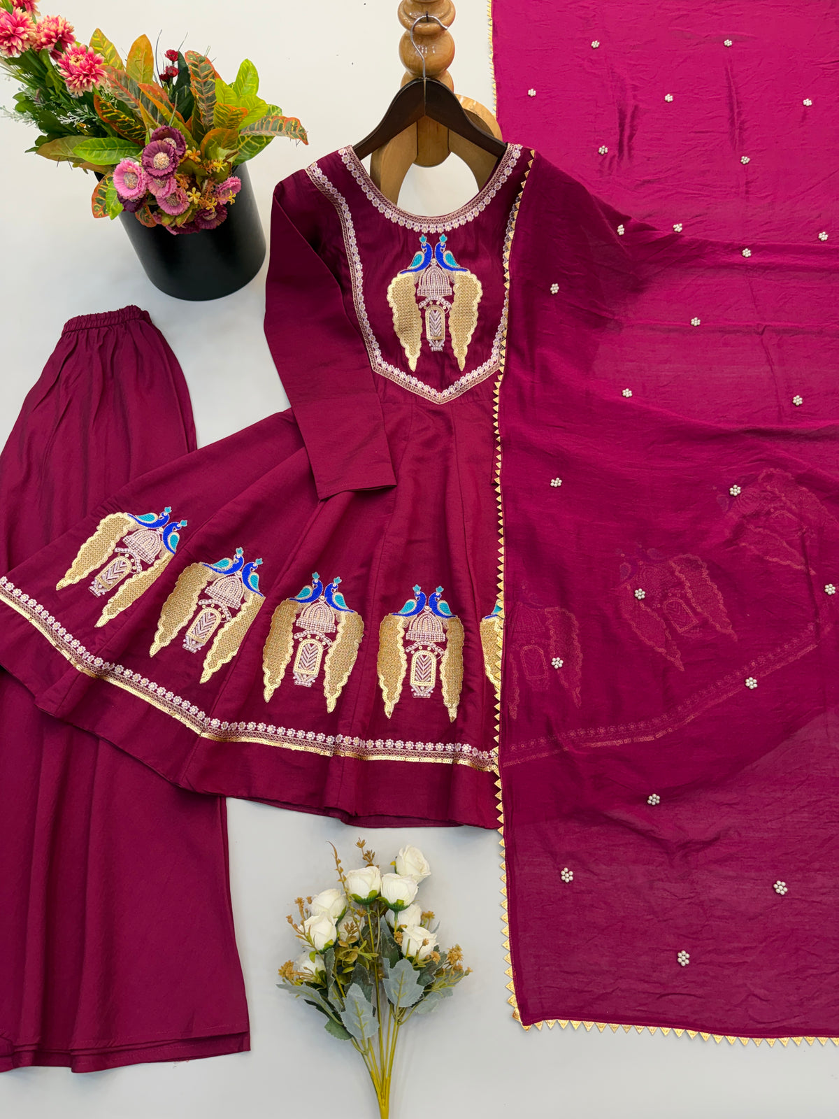 Wine Maroon Embroidered Sequins & Mirror Work Anarkali Suit Set with Palazzo & Dupatta