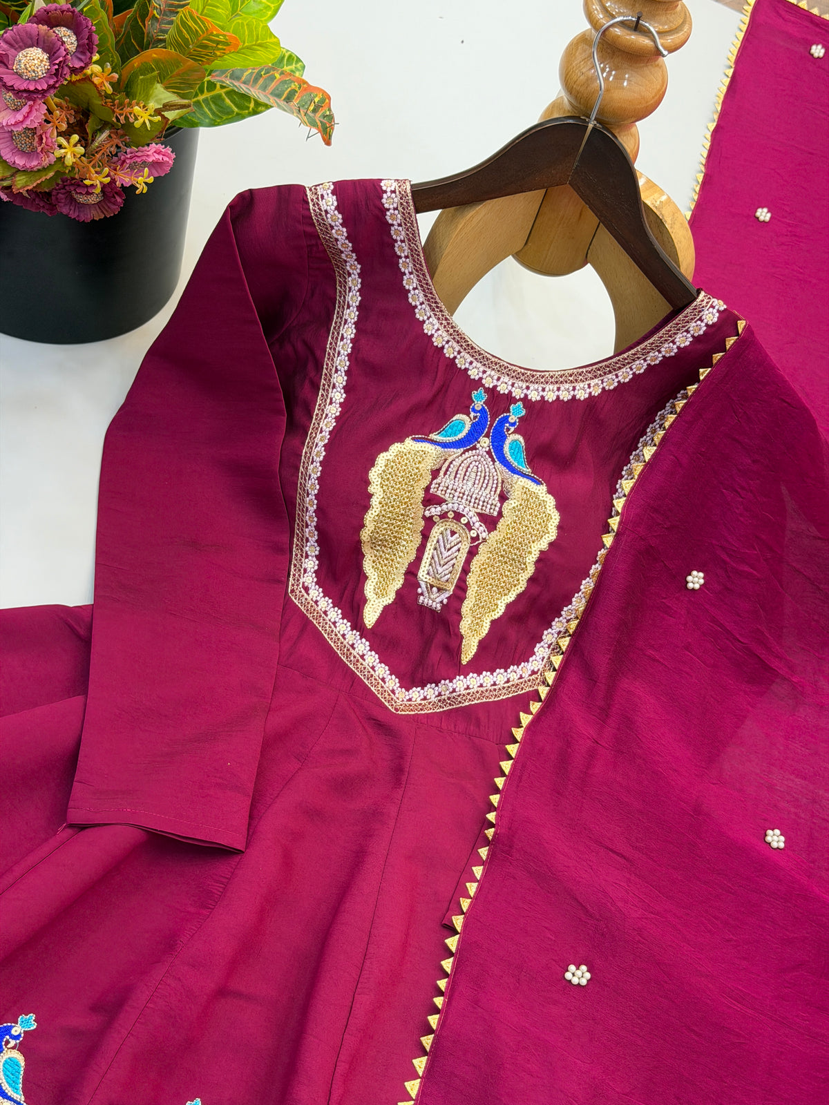 Wine Maroon Embroidered Sequins & Mirror Work Anarkali Suit Set with Palazzo & Dupatta
