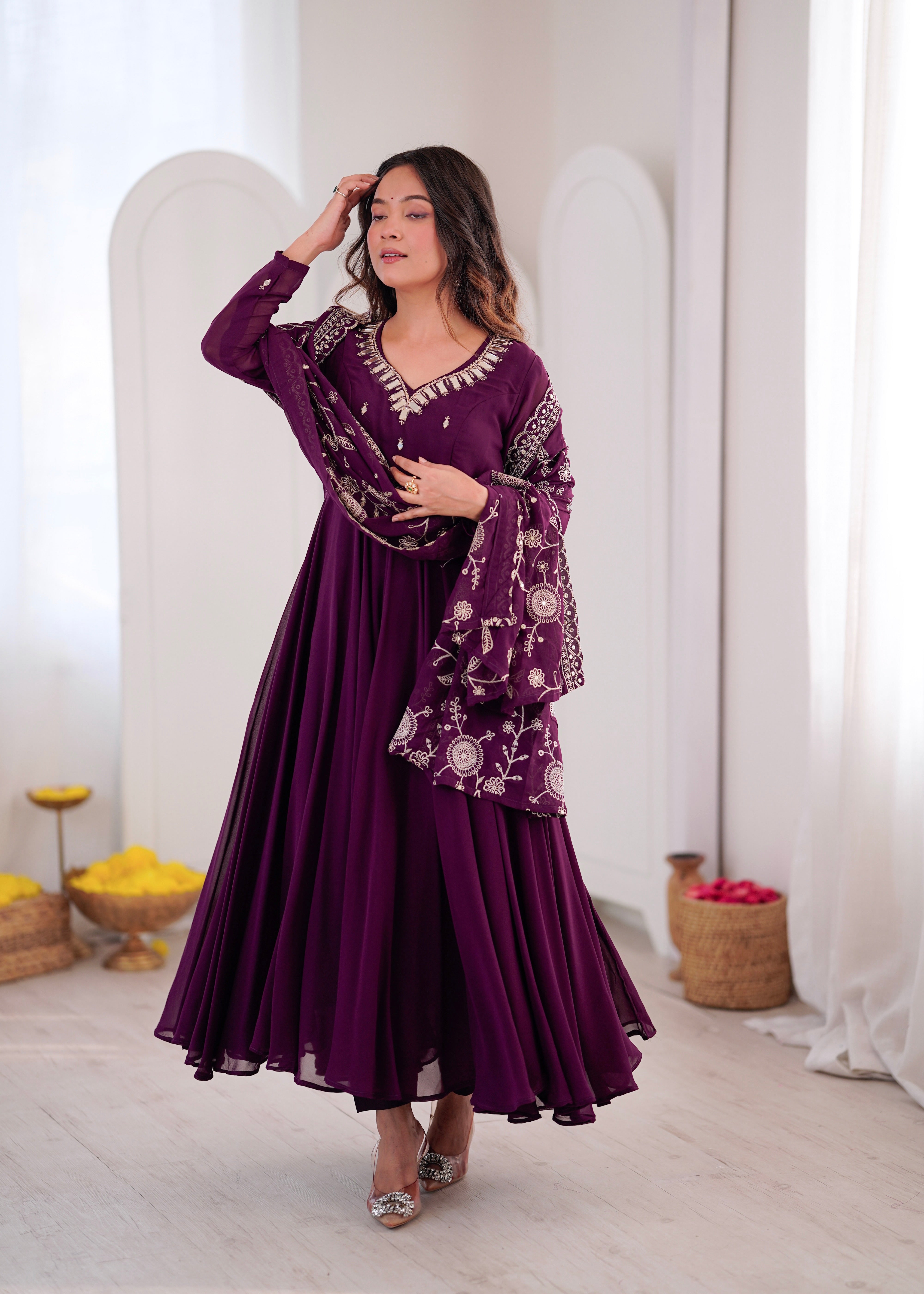 Royal Plum Faux Georgette Anarkali Suit Set with Khatli Mirror Work & Embroidered Dupatta
