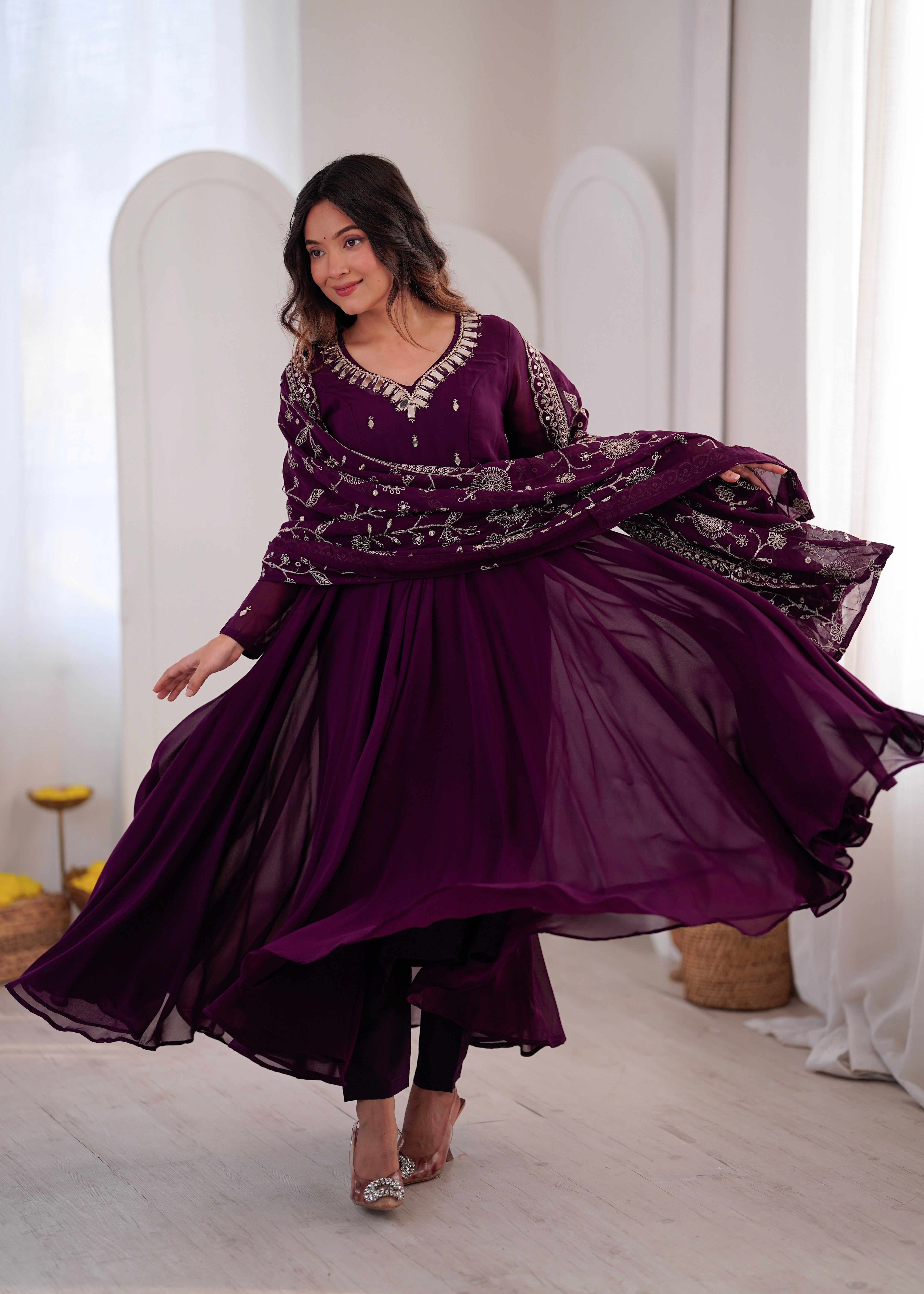 Royal Plum Faux Georgette Anarkali Suit Set with Khatli Mirror Work & Embroidered Dupatta