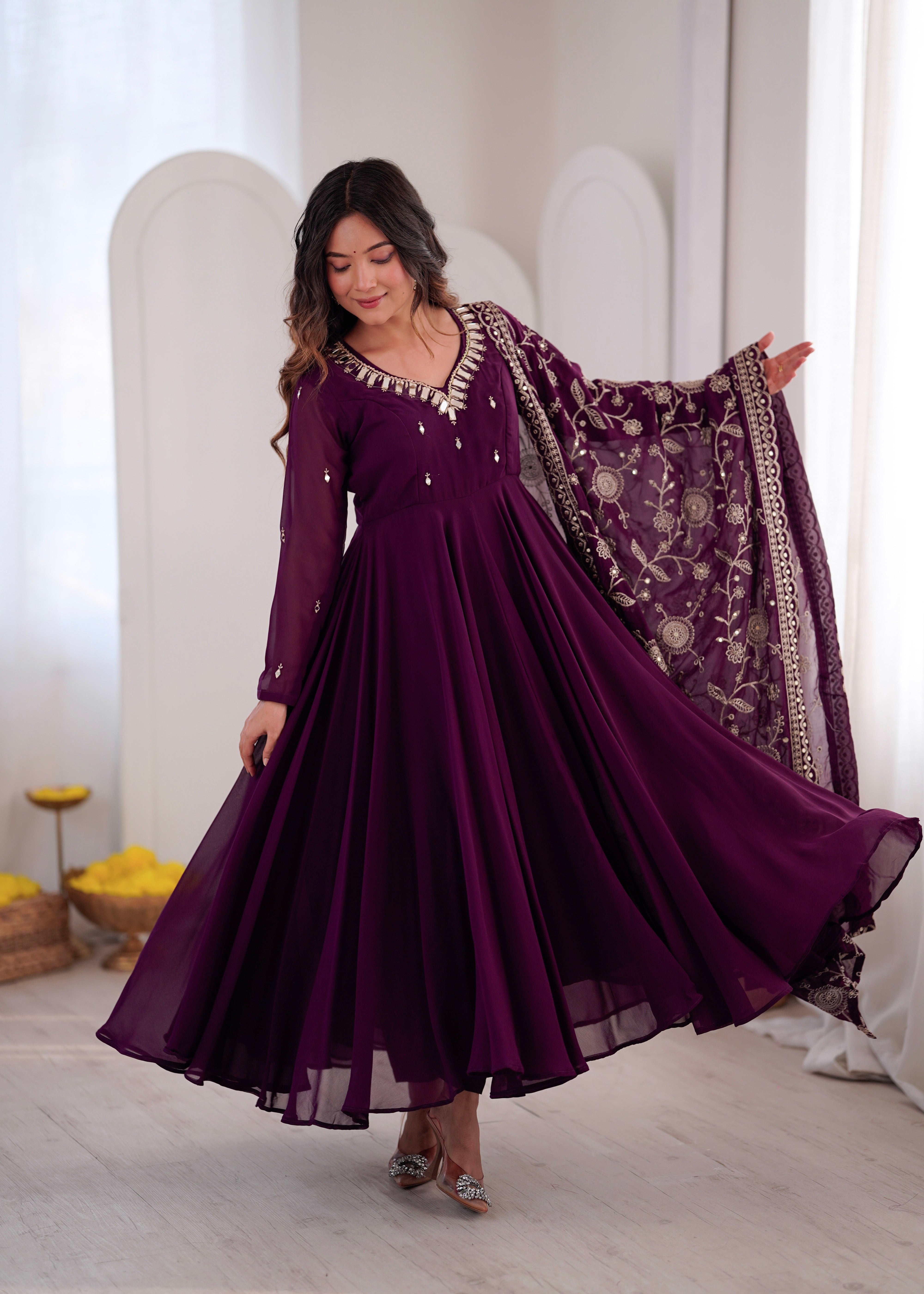 Royal Plum Faux Georgette Anarkali Suit Set with Khatli Mirror Work & Embroidered Dupatta