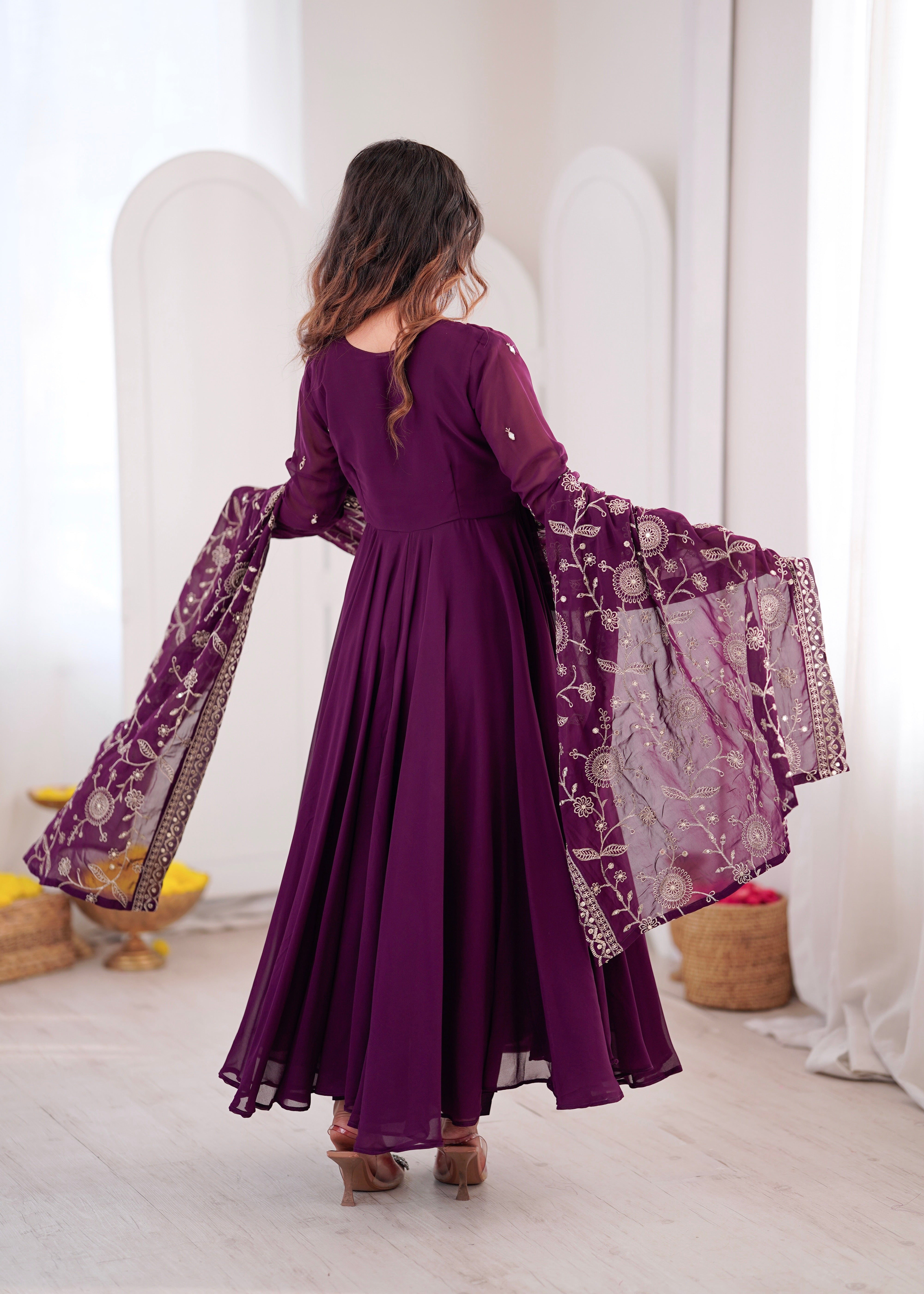 Royal Plum Faux Georgette Anarkali Suit Set with Khatli Mirror Work & Embroidered Dupatta
