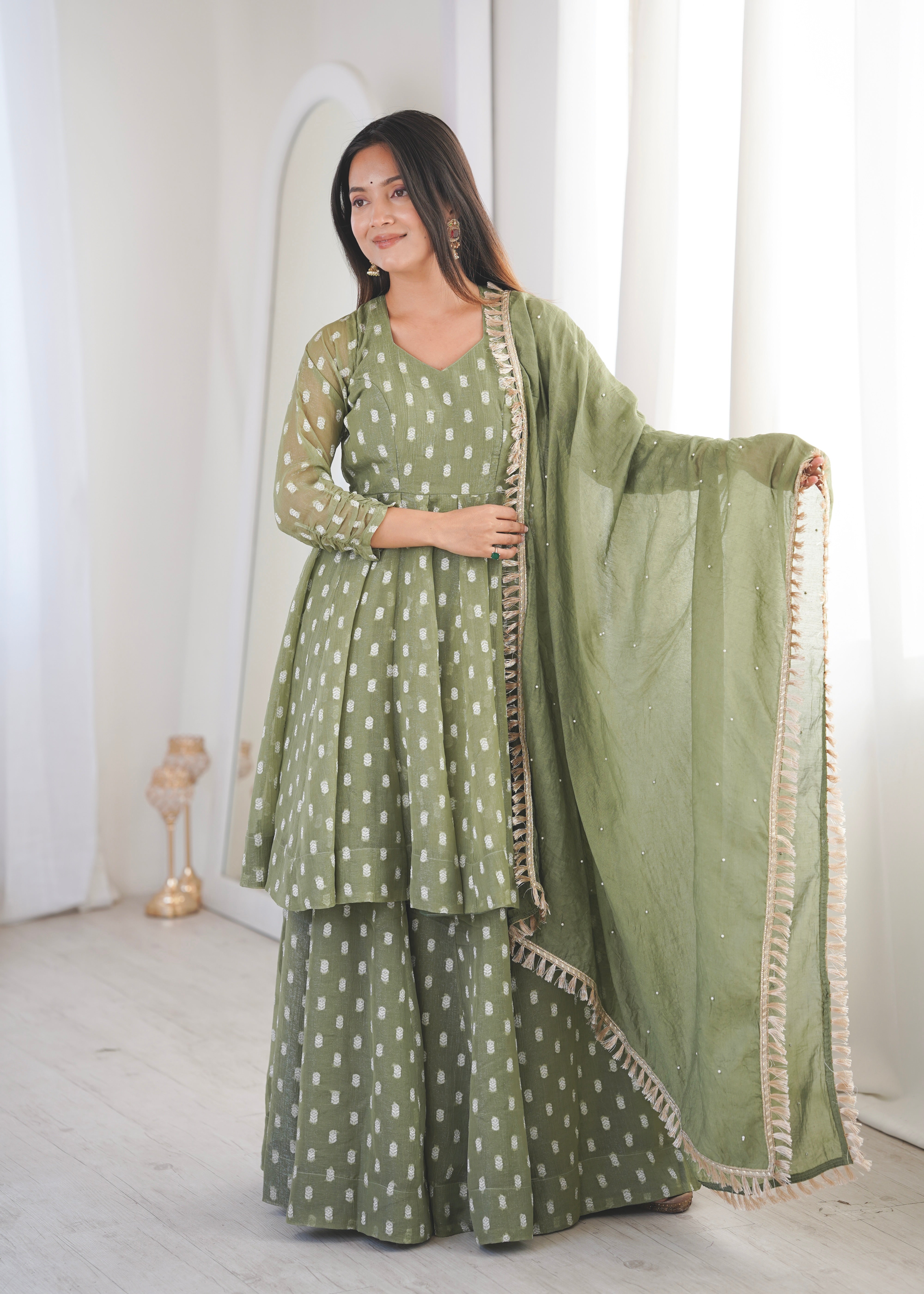Sage Green Crunchy Silk Jacquard Sharara Suit Set with Dupatta