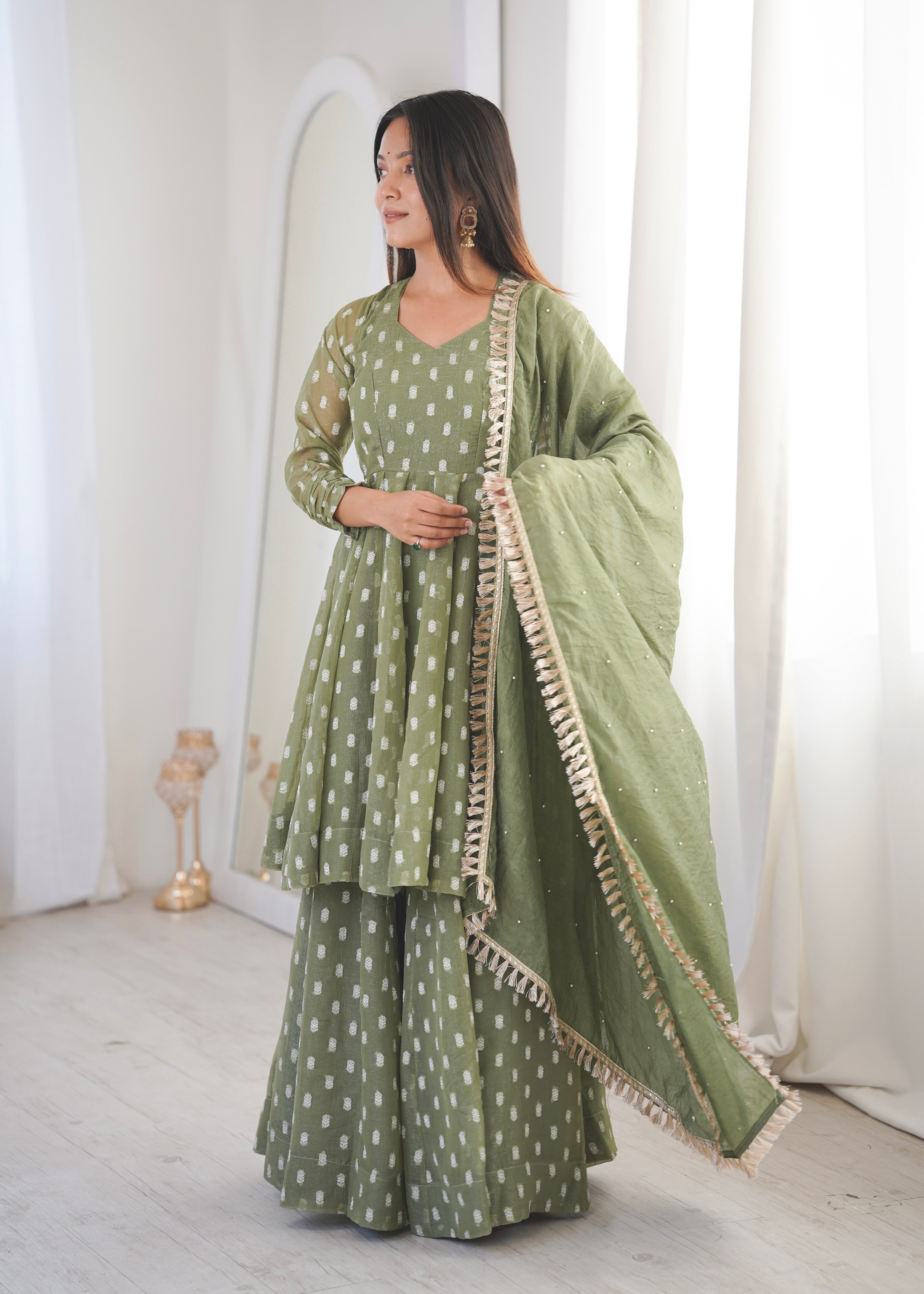 Sage Green Crunchy Silk Jacquard Sharara Suit Set with Dupatta
