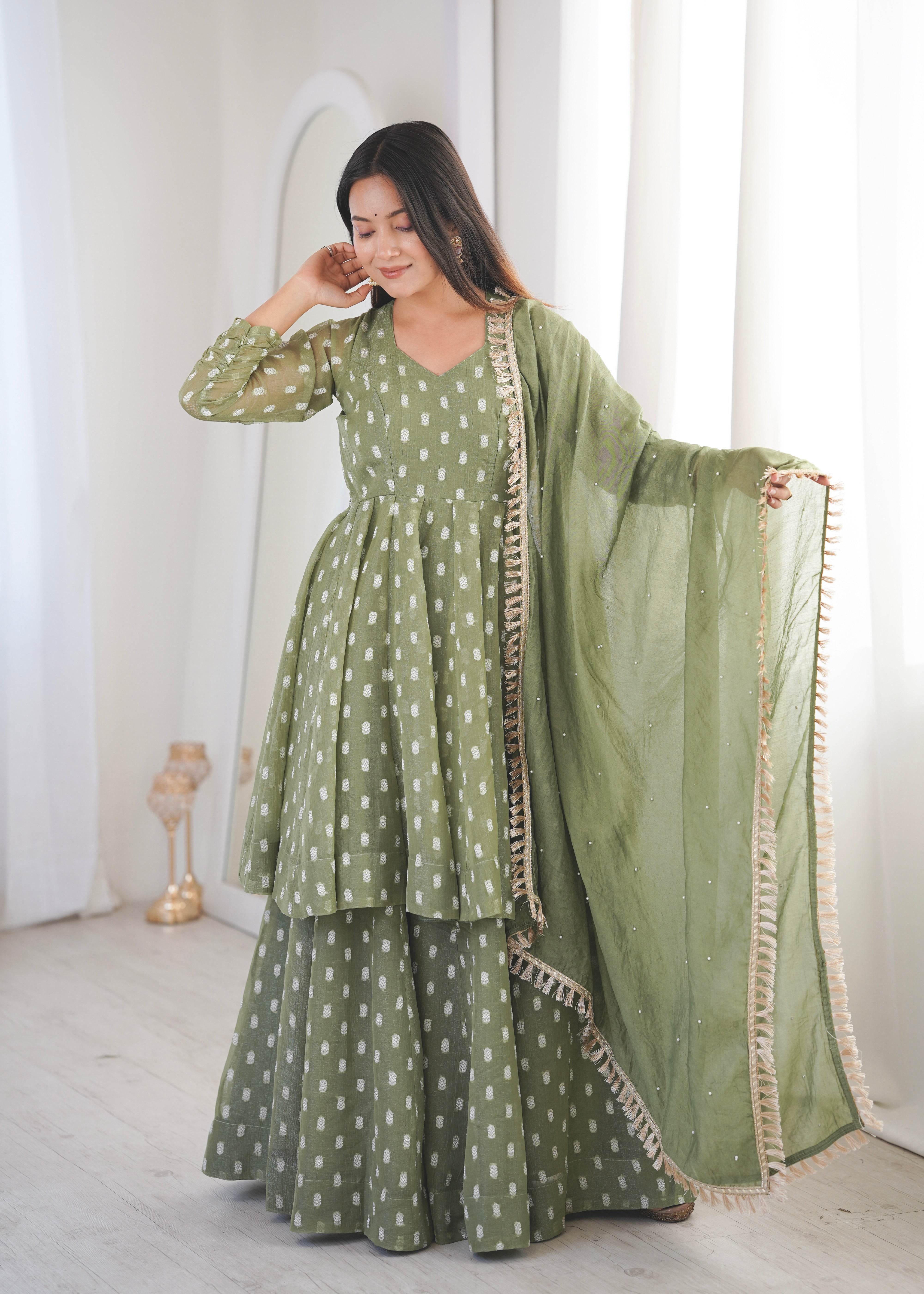 Sage Green Crunchy Silk Jacquard Sharara Suit Set with Dupatta
