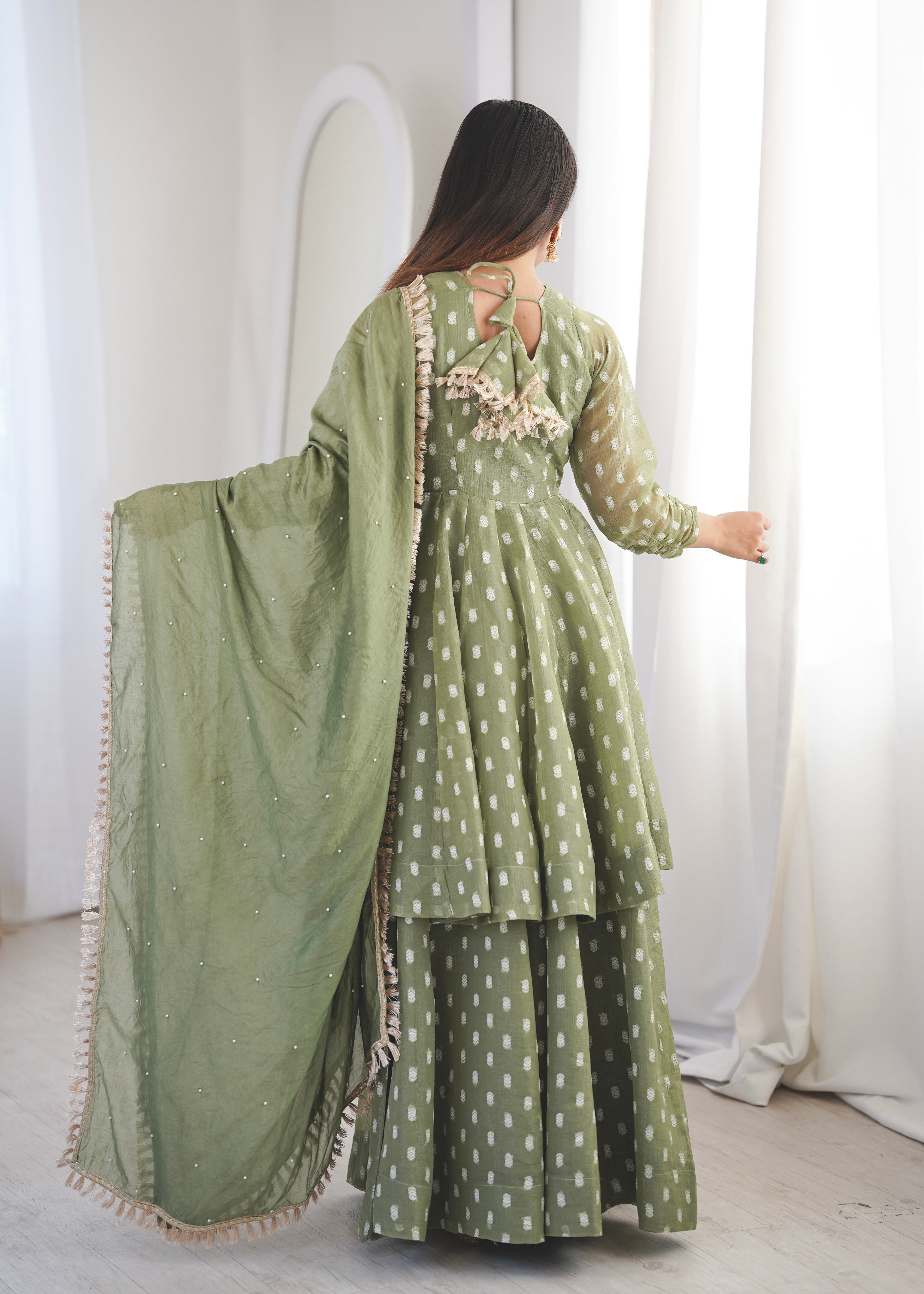 Sage Green Crunchy Silk Jacquard Sharara Suit Set with Dupatta
