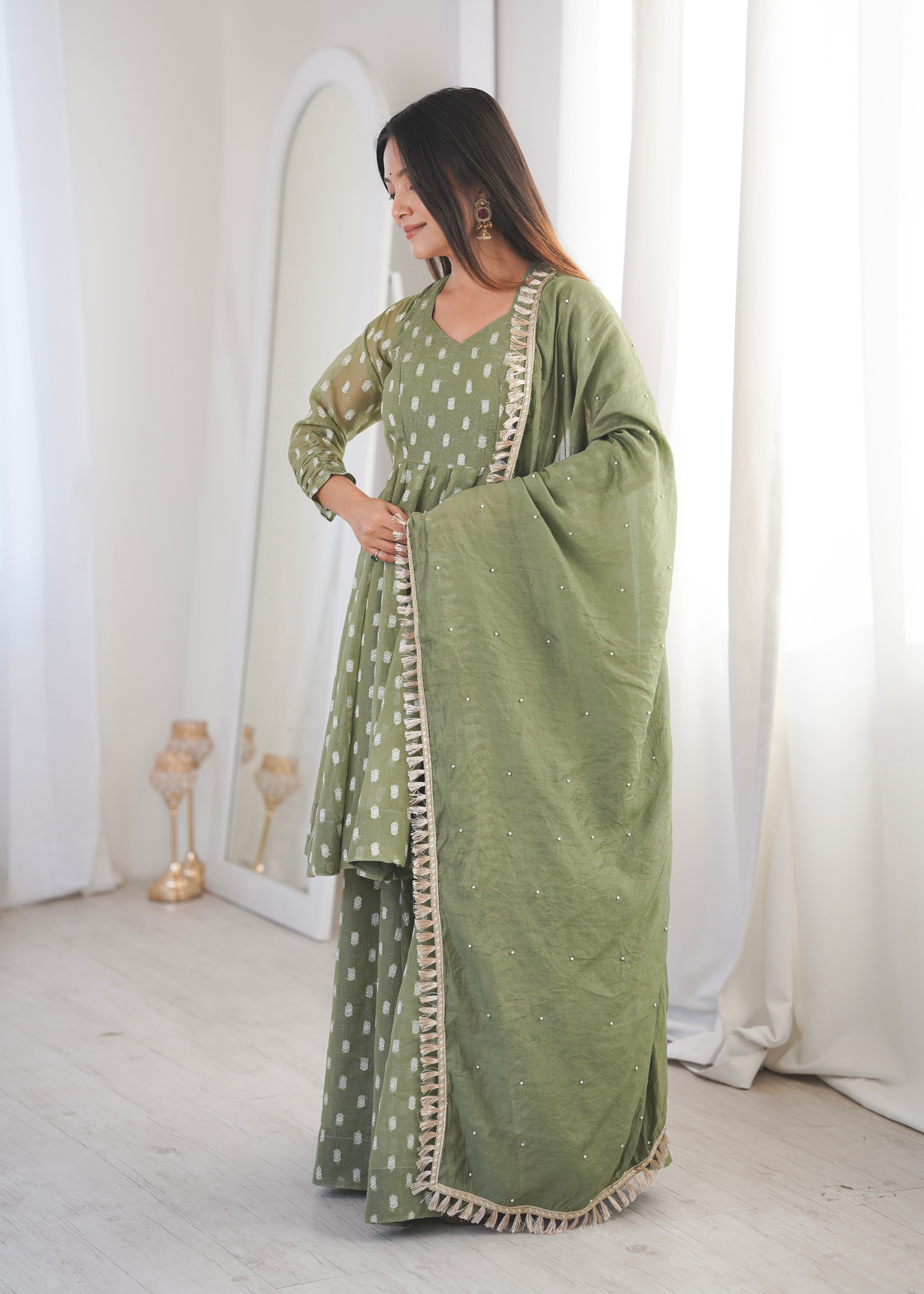 Sage Green Crunchy Silk Jacquard Sharara Suit Set with Dupatta