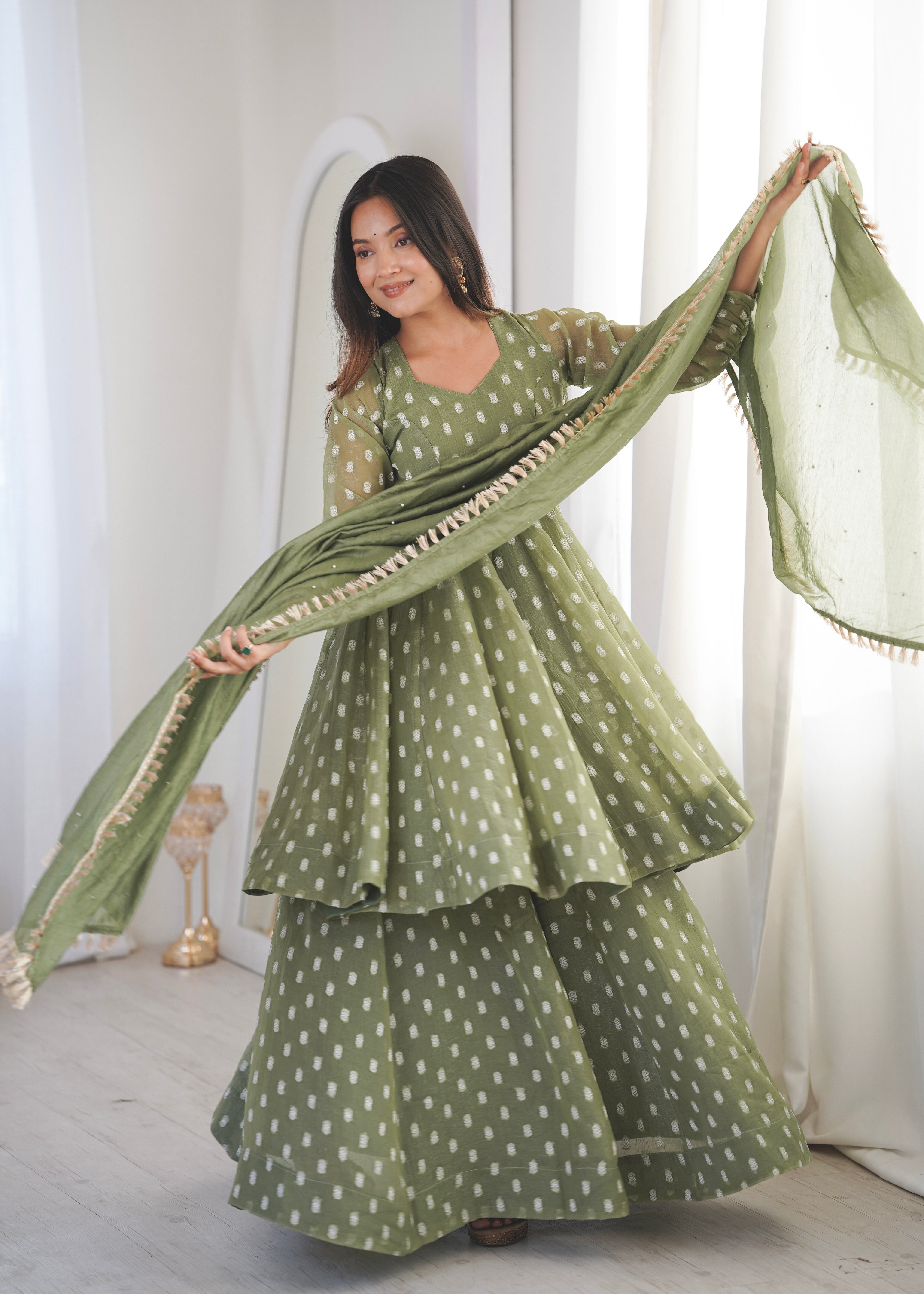 Sage Green Crunchy Silk Jacquard Sharara Suit Set with Dupatta