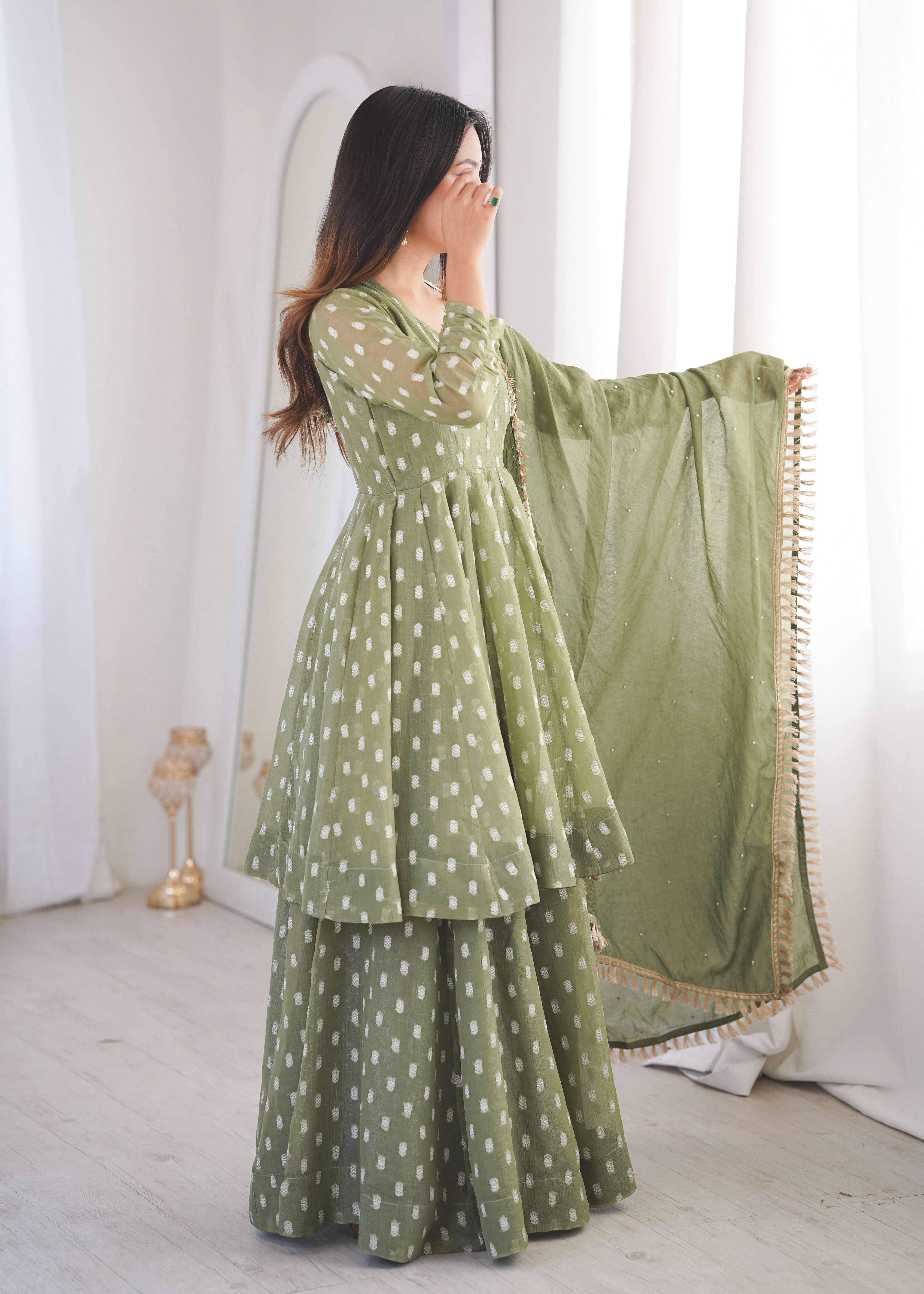 Sage Green Crunchy Silk Jacquard Sharara Suit Set with Dupatta