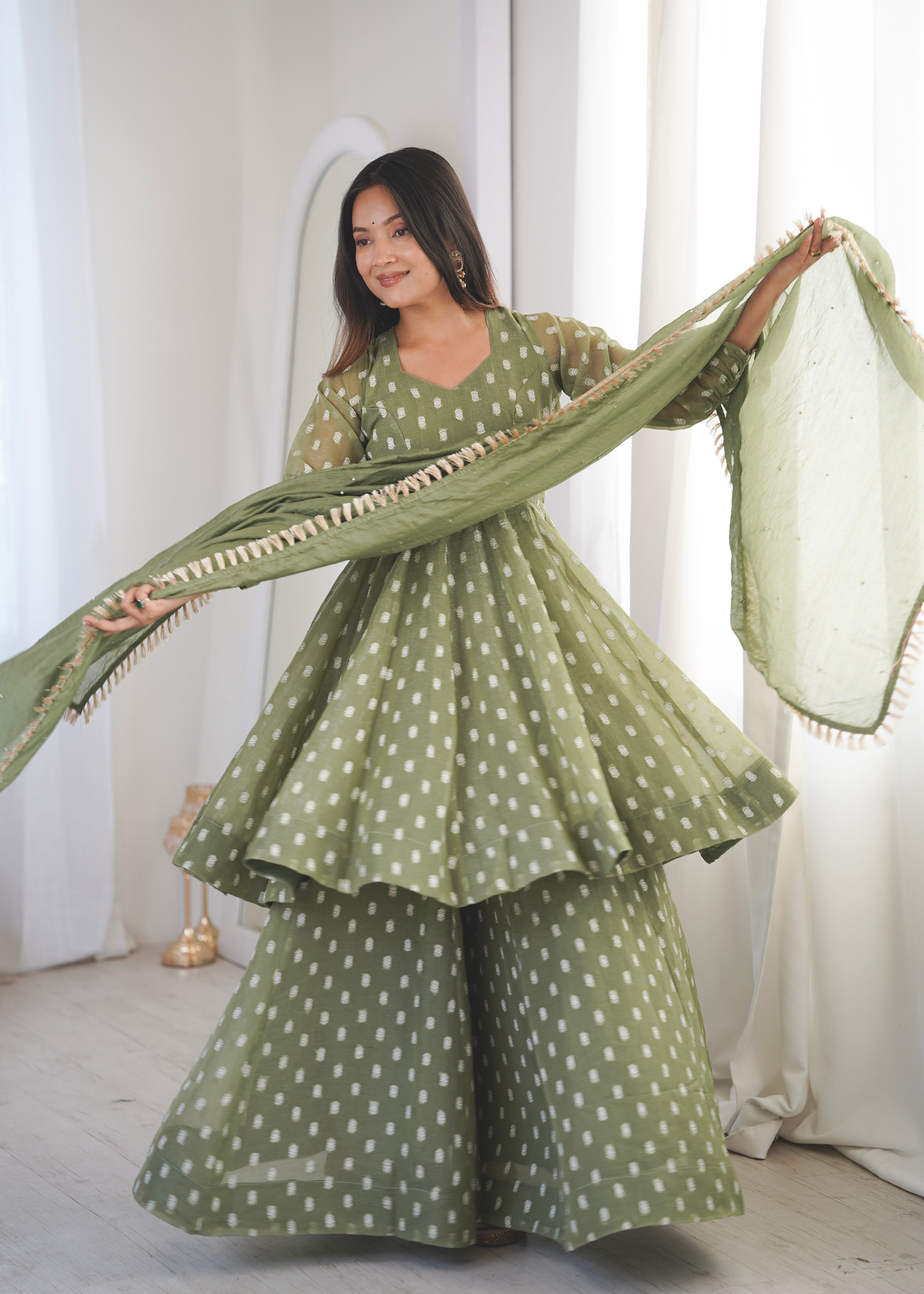 Sage Green Crunchy Silk Jacquard Sharara Suit Set with Dupatta