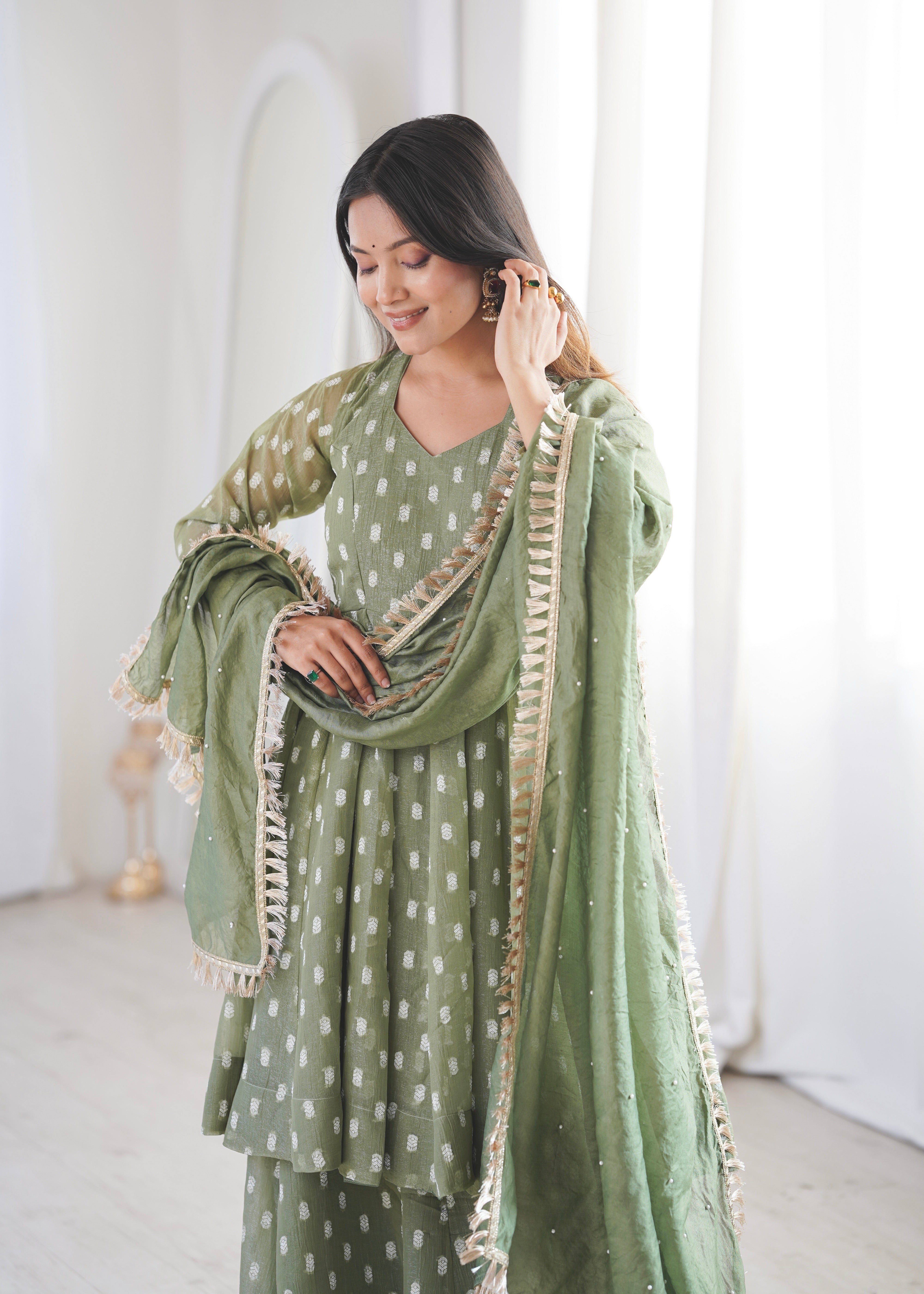 Sage Green Crunchy Silk Jacquard Sharara Suit Set with Dupatta