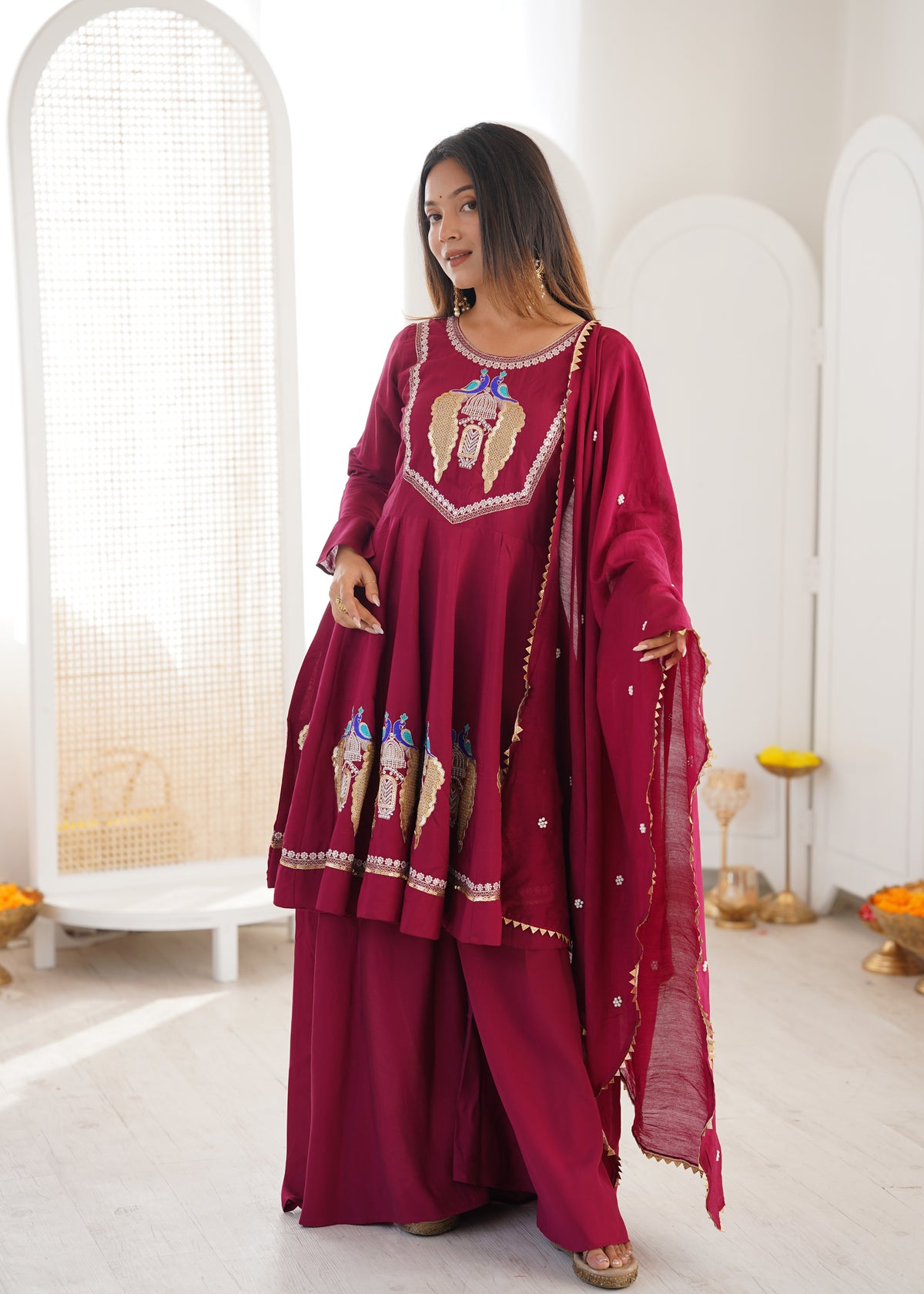 Wine Maroon Embroidered Sequins & Mirror Work Anarkali Suit Set with Palazzo & Dupatta