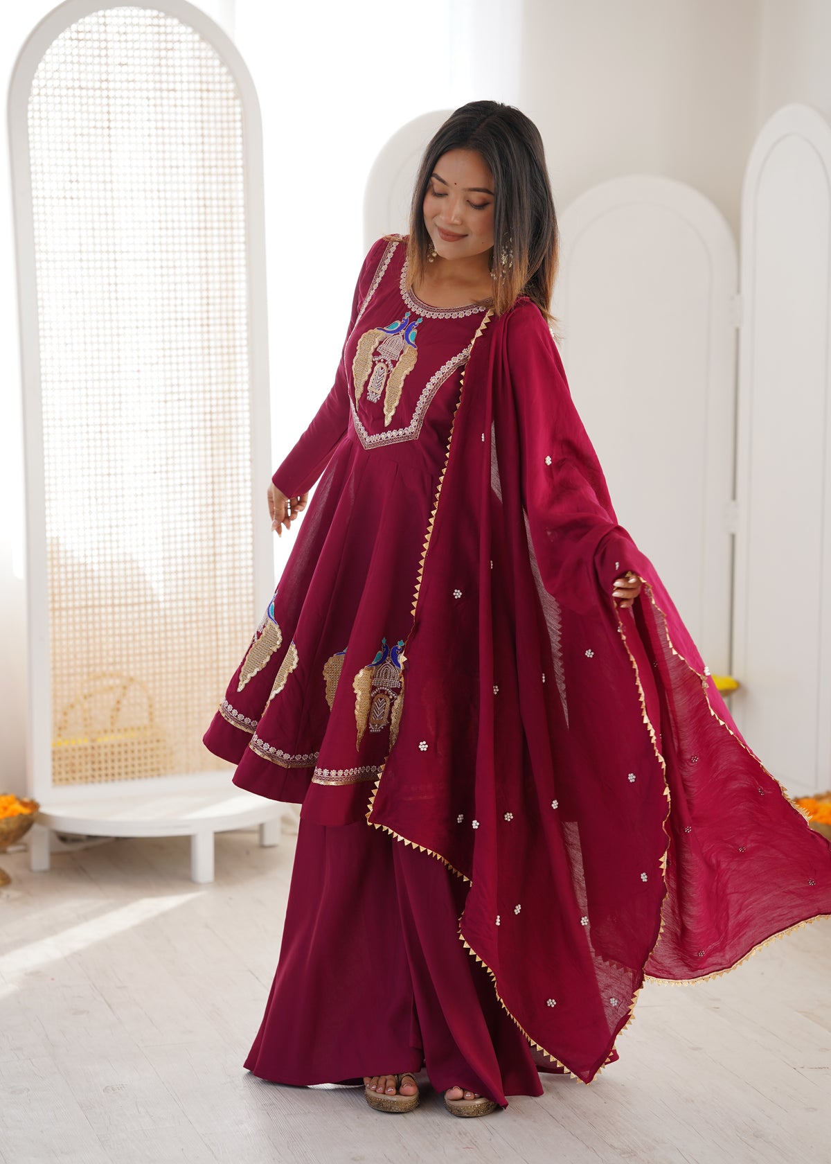 Wine Maroon Embroidered Sequins & Mirror Work Anarkali Suit Set with Palazzo & Dupatta