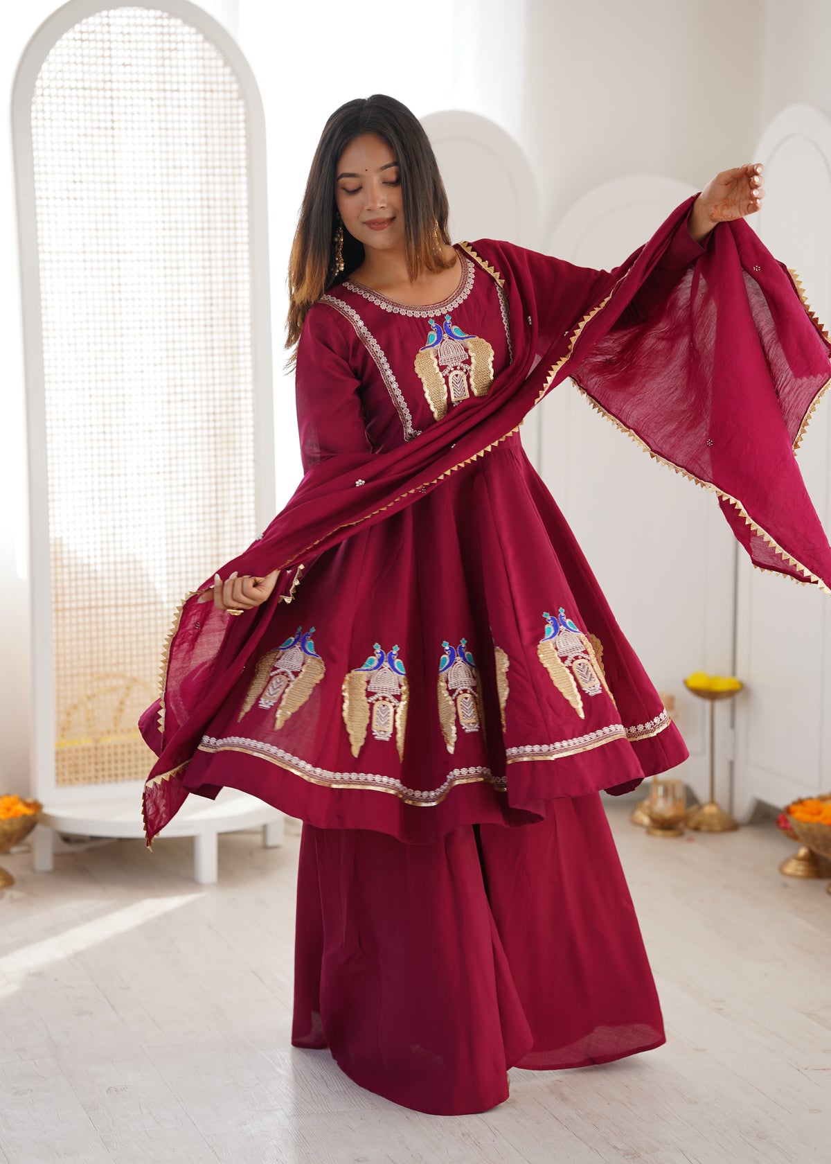 Wine Maroon Embroidered Sequins & Mirror Work Anarkali Suit Set with Palazzo & Dupatta