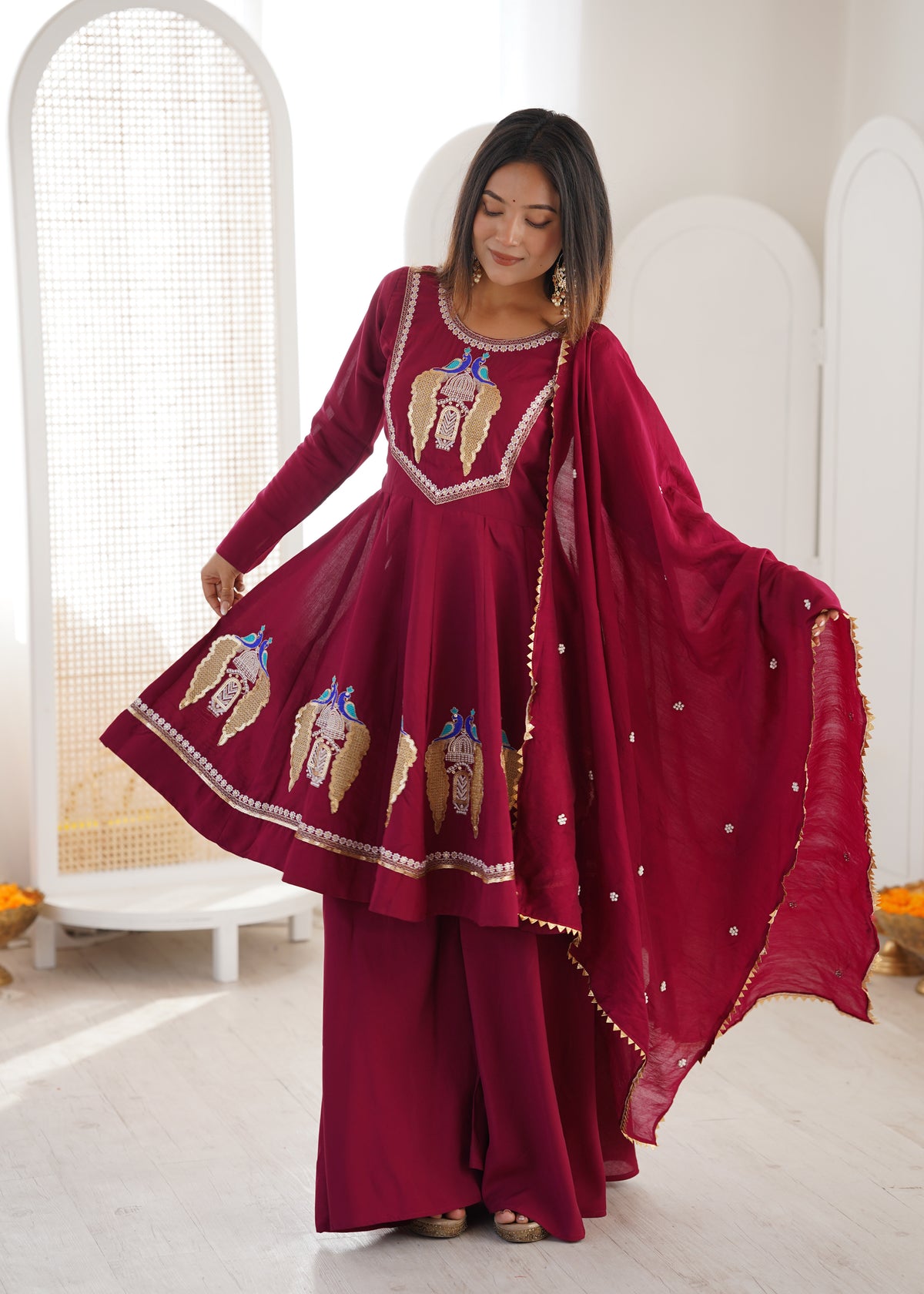 Wine Maroon Embroidered Sequins & Mirror Work Anarkali Suit Set with Palazzo & Dupatta