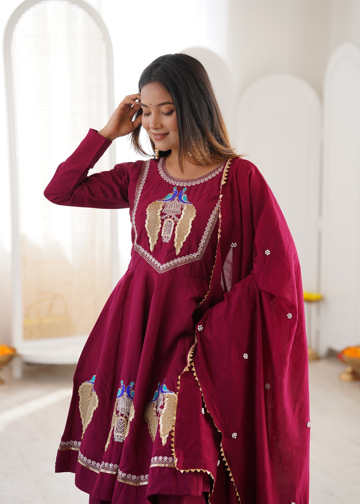 Wine Maroon Embroidered Sequins & Mirror Work Anarkali Suit Set with Palazzo & Dupatta