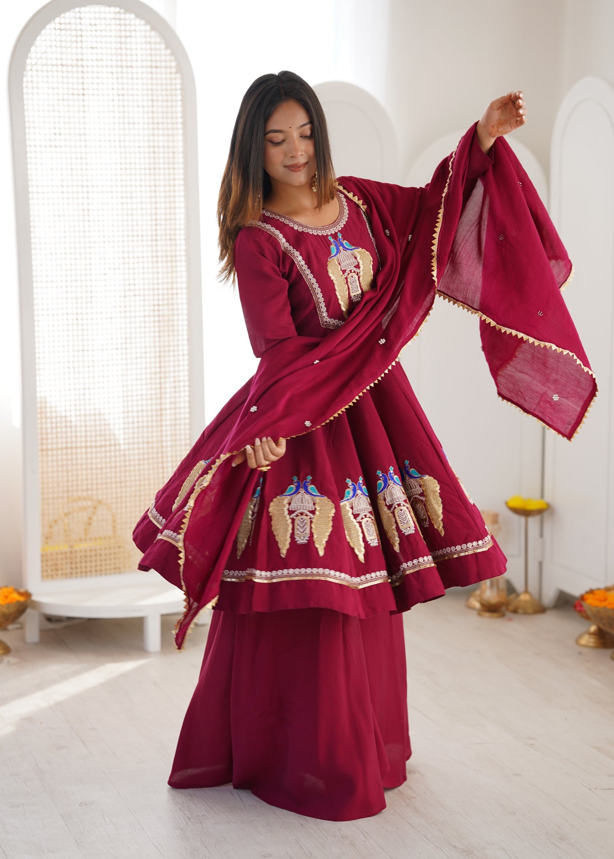 Wine Maroon Embroidered Sequins & Mirror Work Anarkali Suit Set with Palazzo & Dupatta