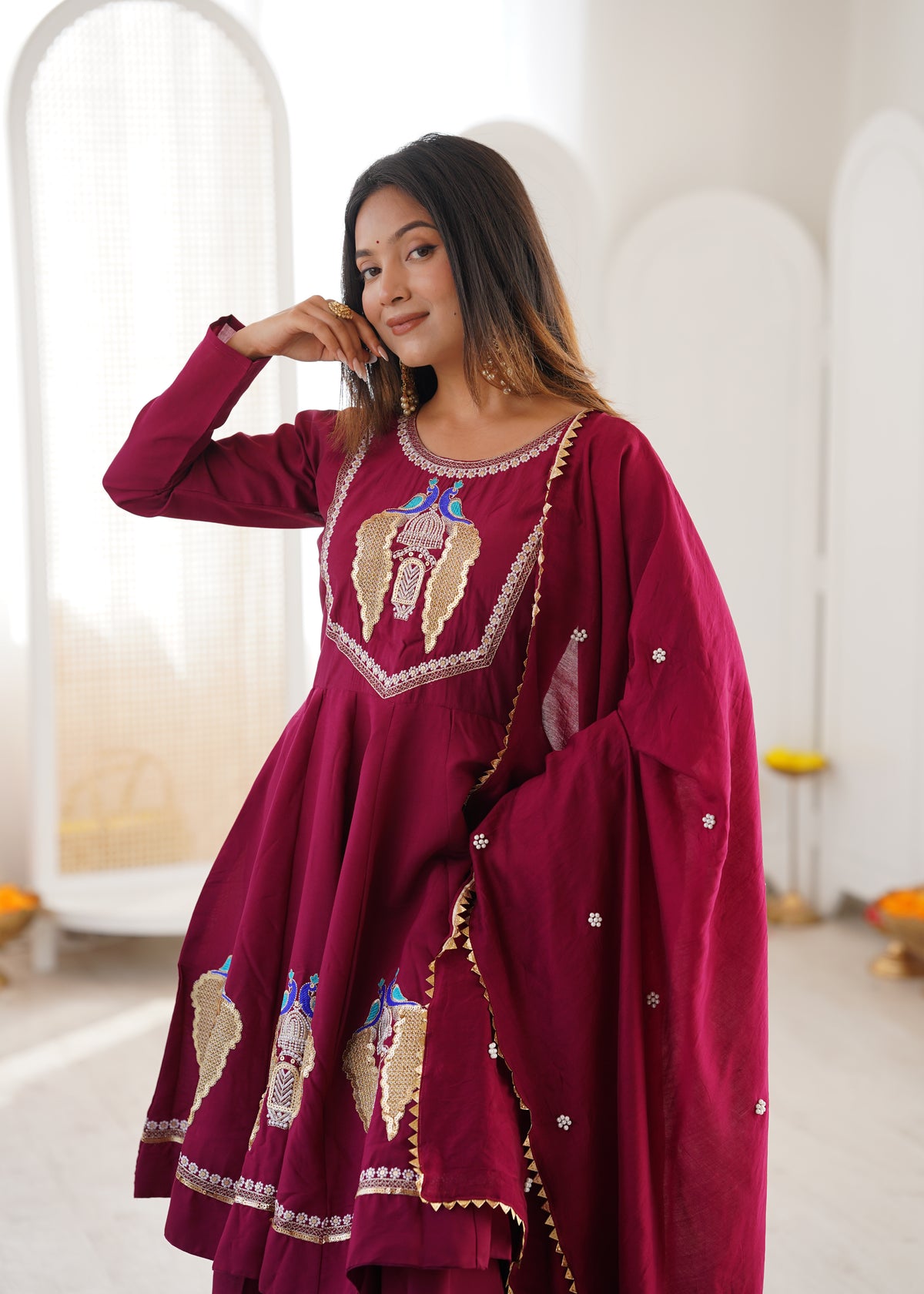 Wine Maroon Embroidered Sequins & Mirror Work Anarkali Suit Set with Palazzo & Dupatta