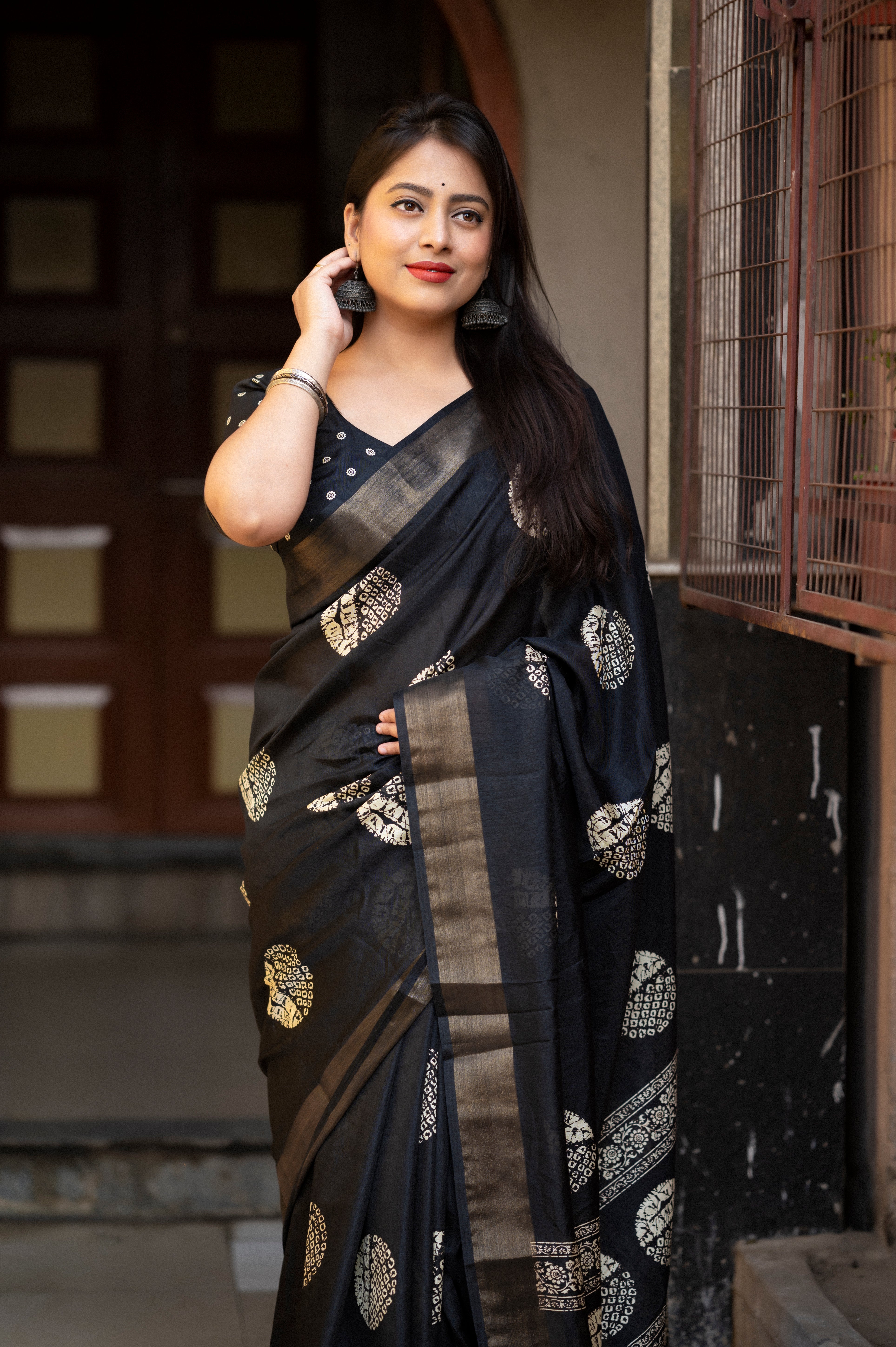 Black Batik Printed Cotton Sari