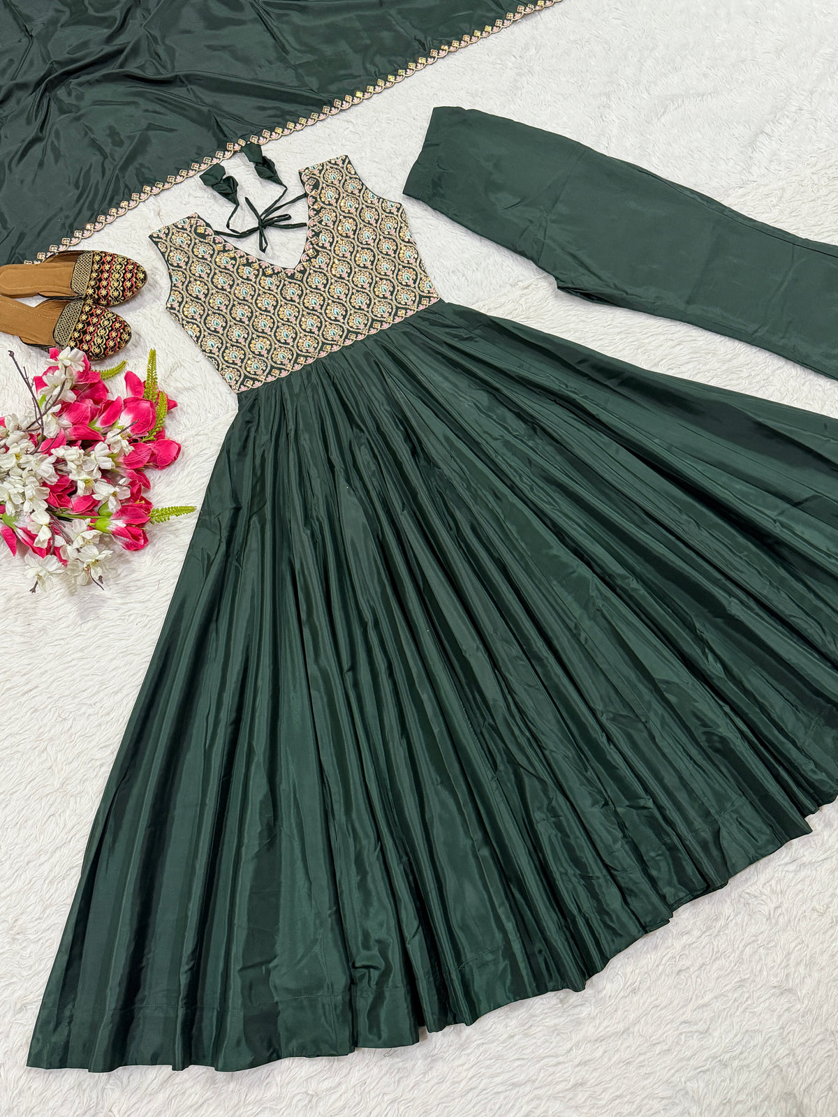 Bottle Green Embroidered Anarkali Gown Set with Dupatta