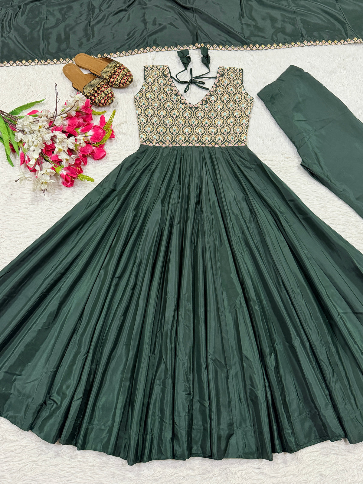 Bottle Green Embroidered Anarkali Gown Set with Dupatta