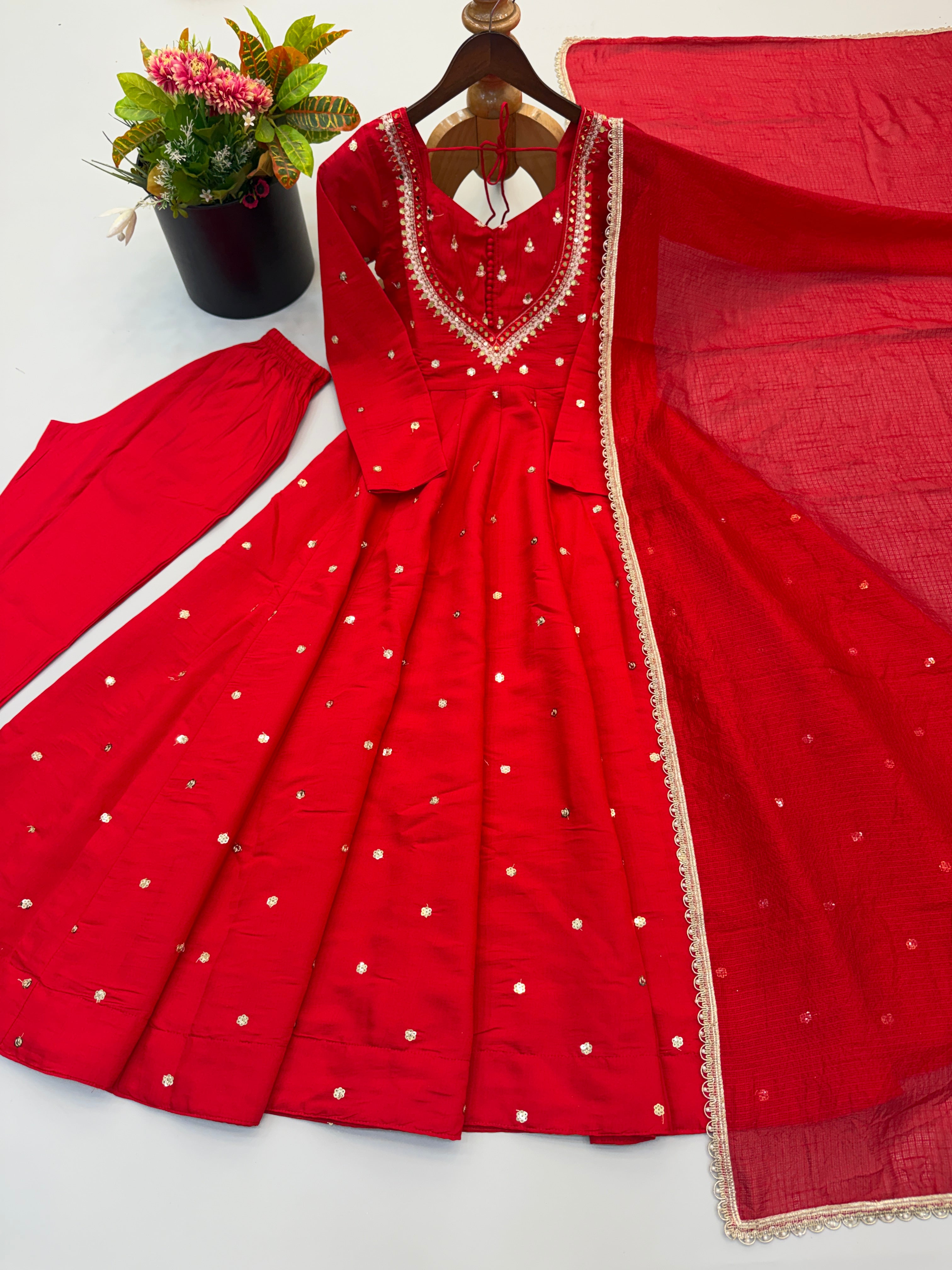 Red Embroidered Anarkali Gown Set with Real Mirror Work & Dupatta