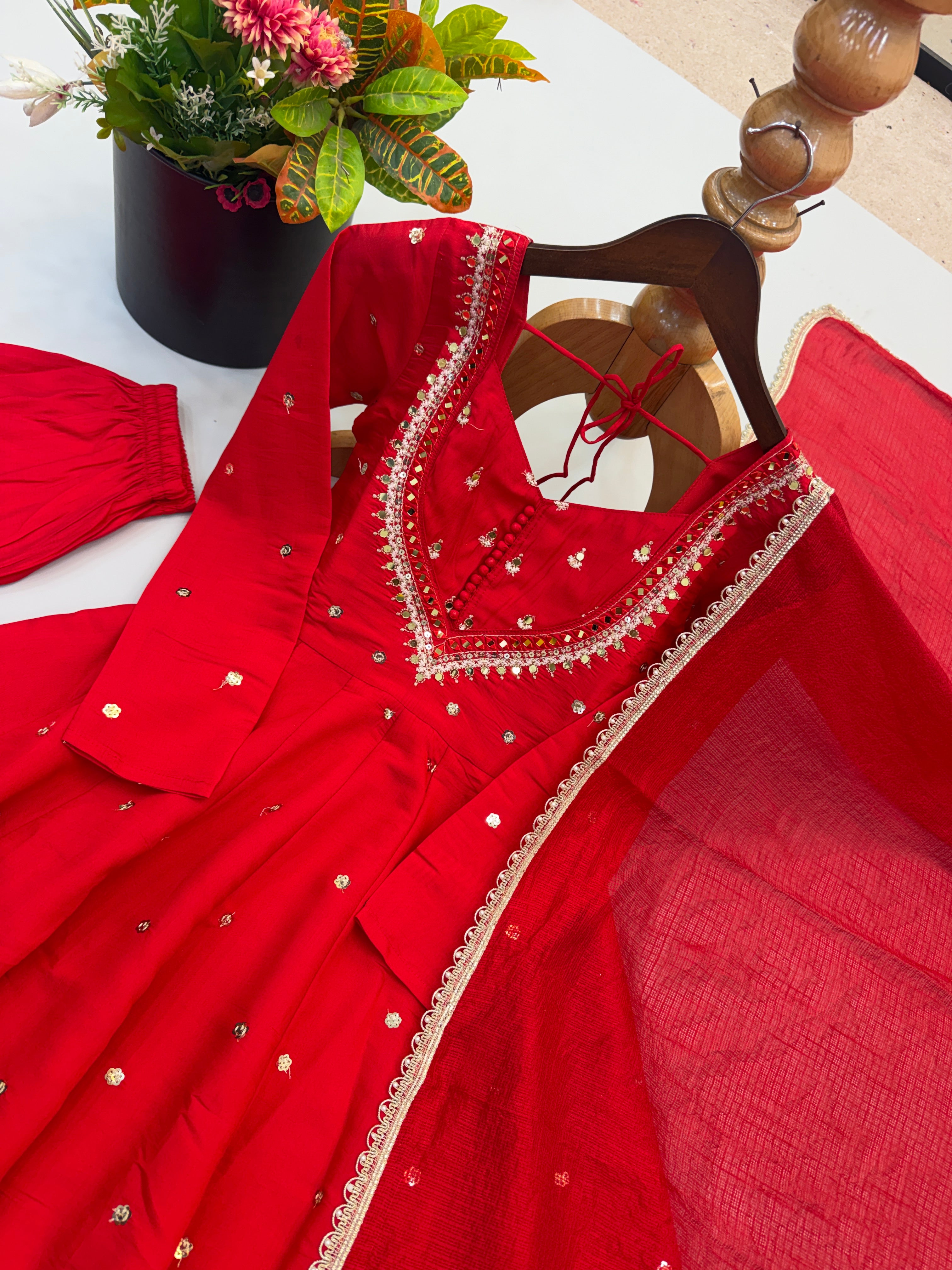 Red Embroidered Anarkali Gown Set with Real Mirror Work & Dupatta