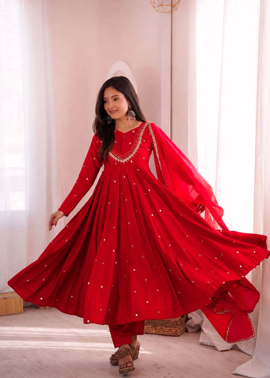 Red Embroidered Anarkali Gown Set with Real Mirror Work & Dupatta