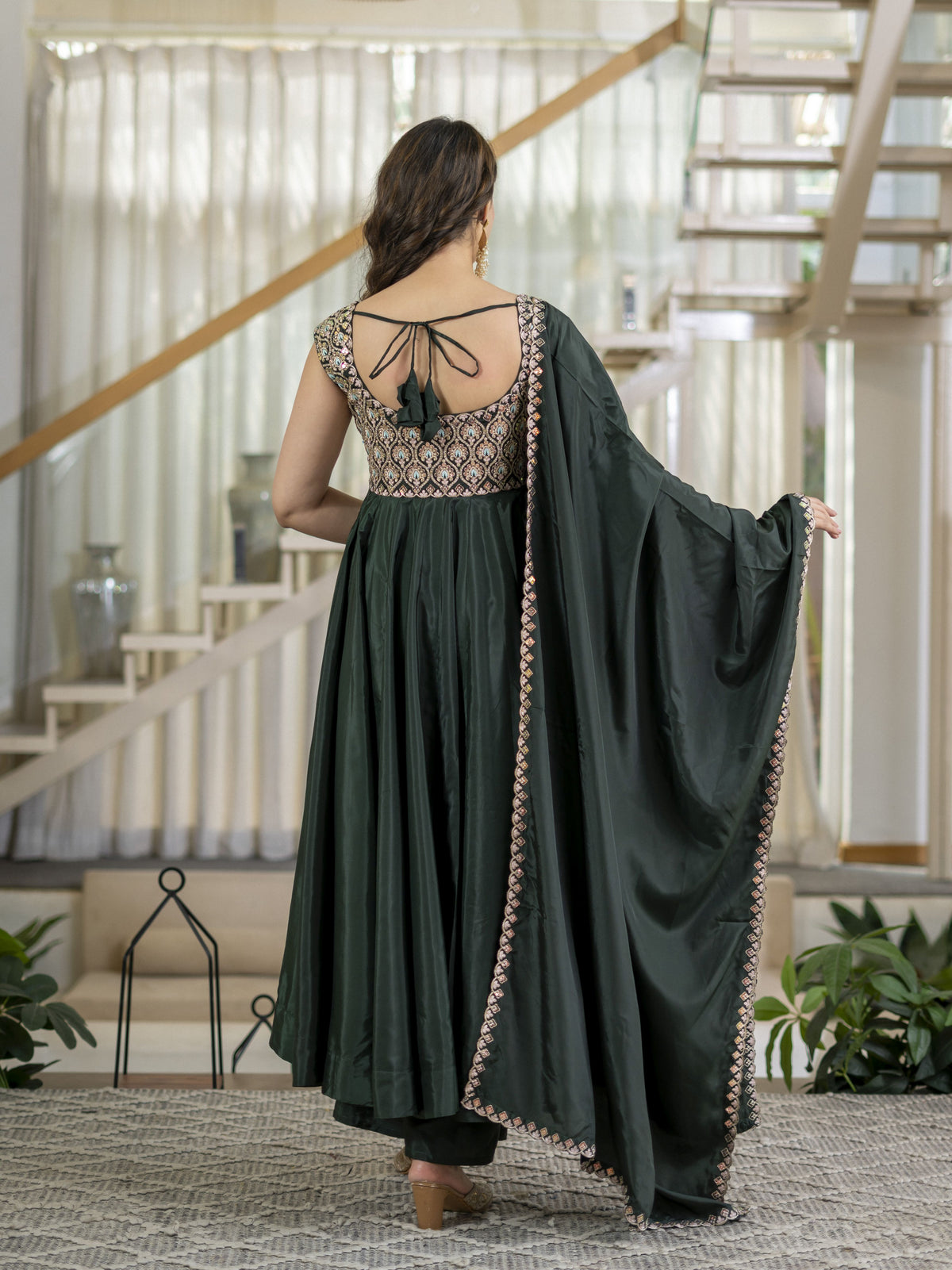 Bottle Green Embroidered Anarkali Gown Set with Dupatta