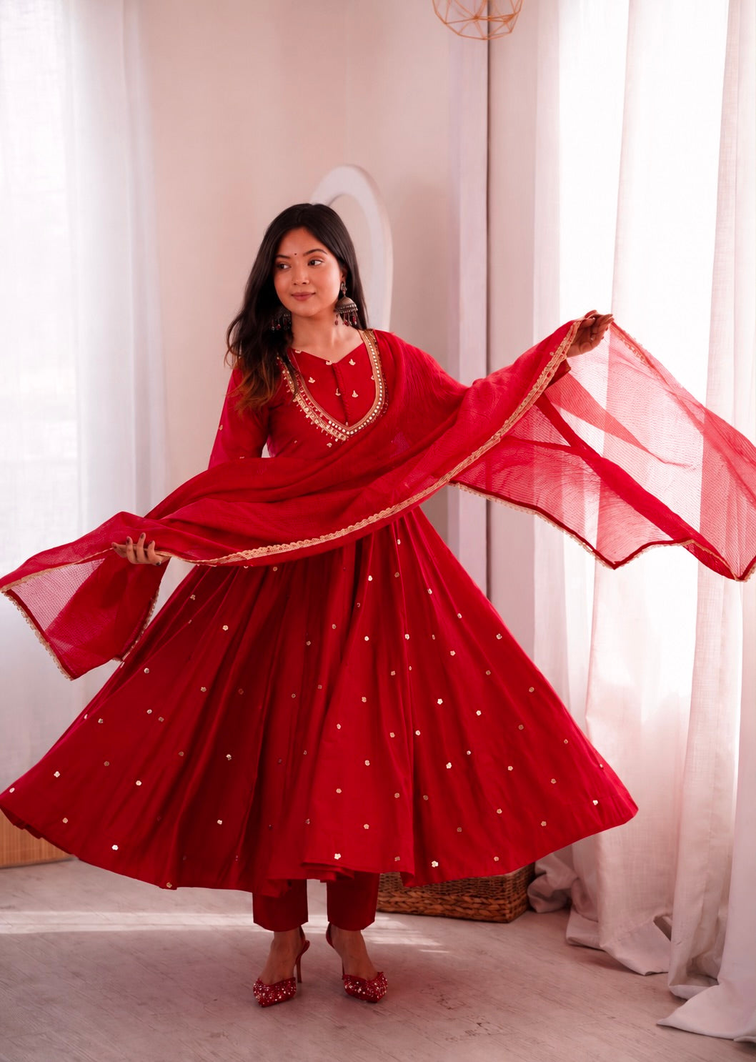 Red Embroidered Anarkali Gown Set with Real Mirror Work & Dupatta