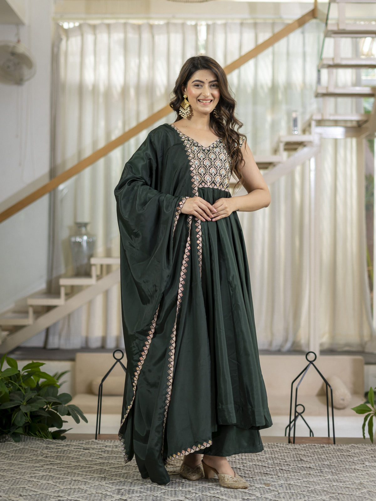 Bottle Green Embroidered Anarkali Gown Set with Dupatta