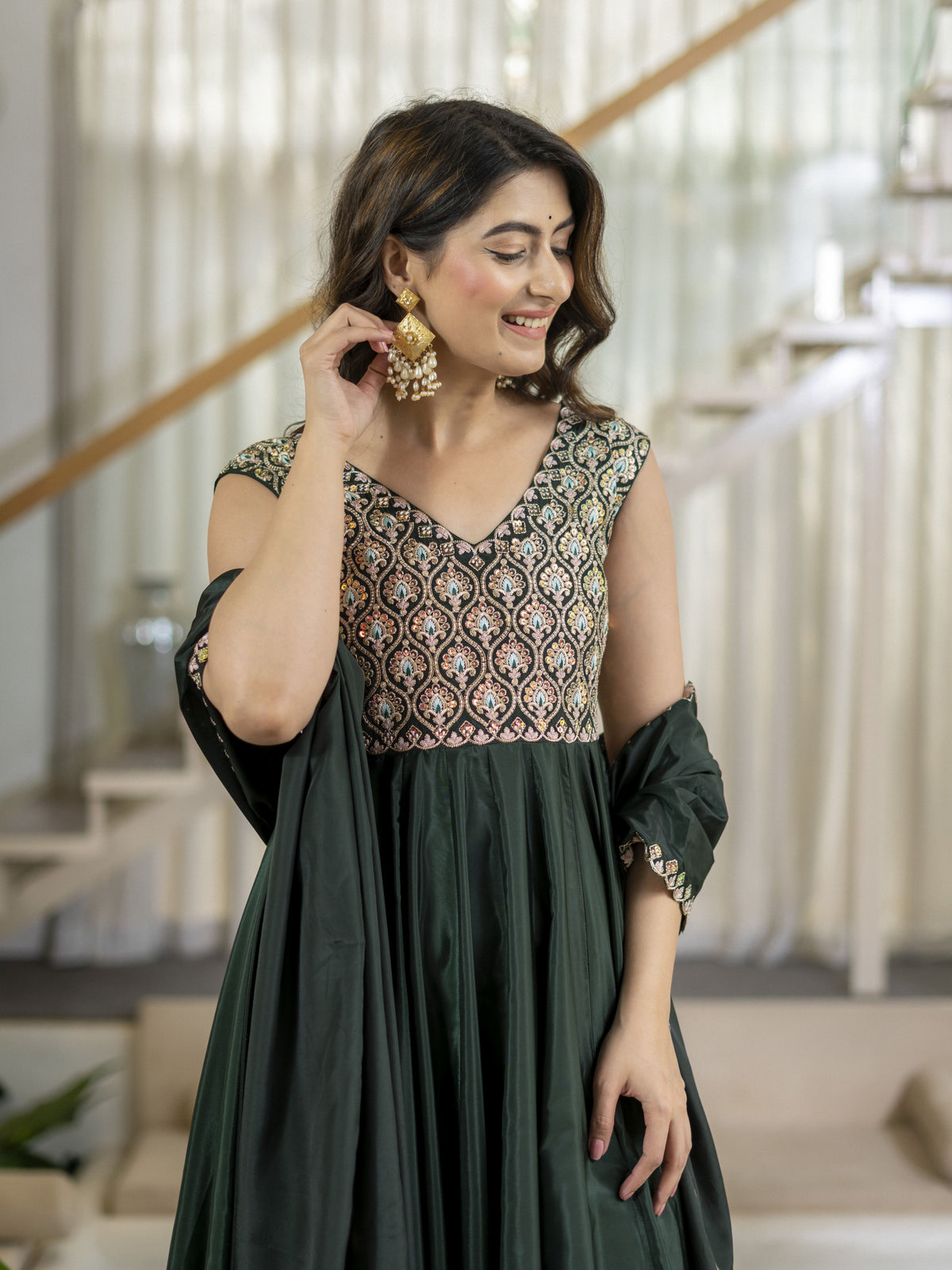 Bottle Green Embroidered Anarkali Gown Set with Dupatta