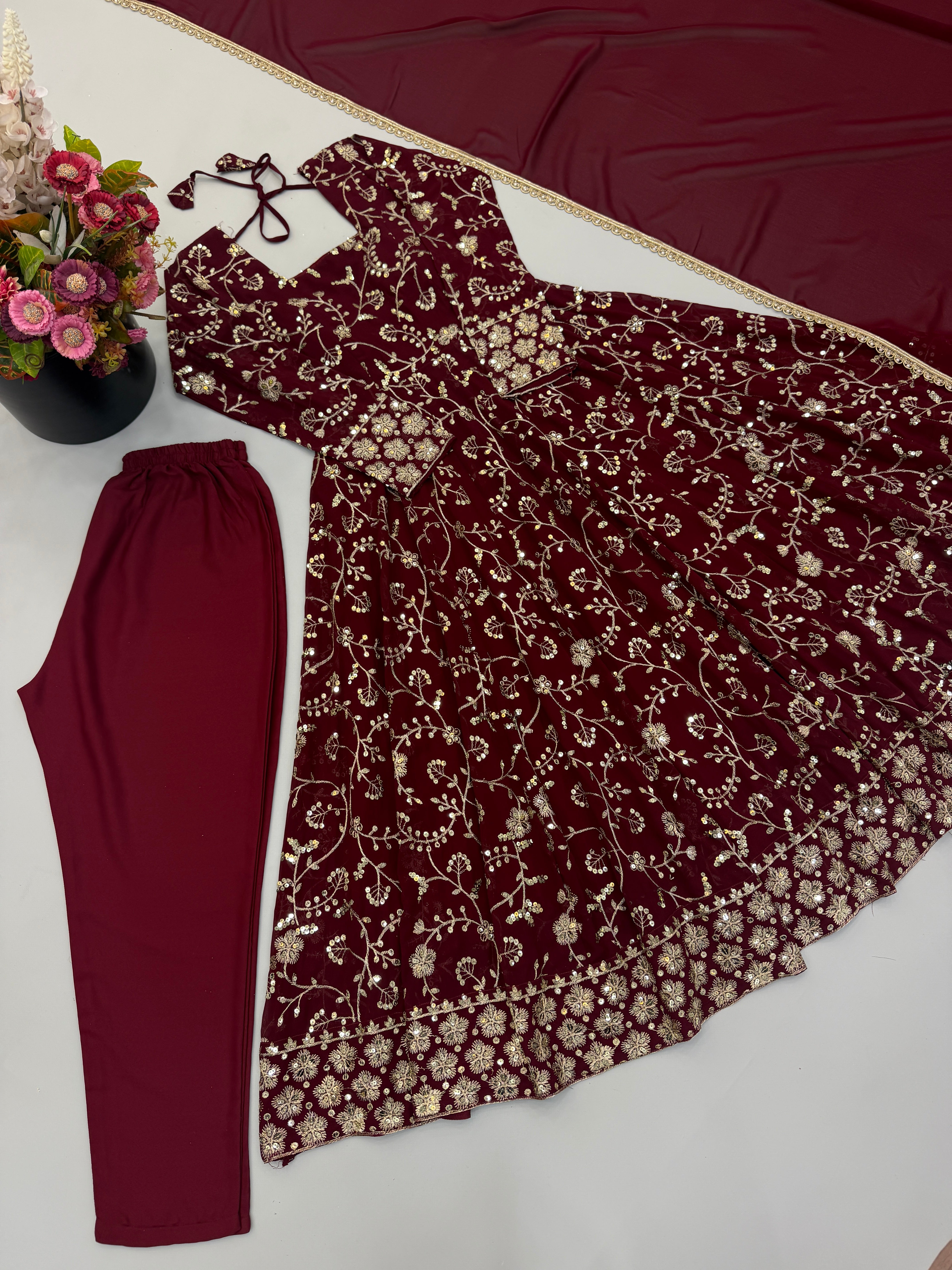 Maroon Heavy Embroidered Faux Georgette Anarkali Suit Set with Dupatta
