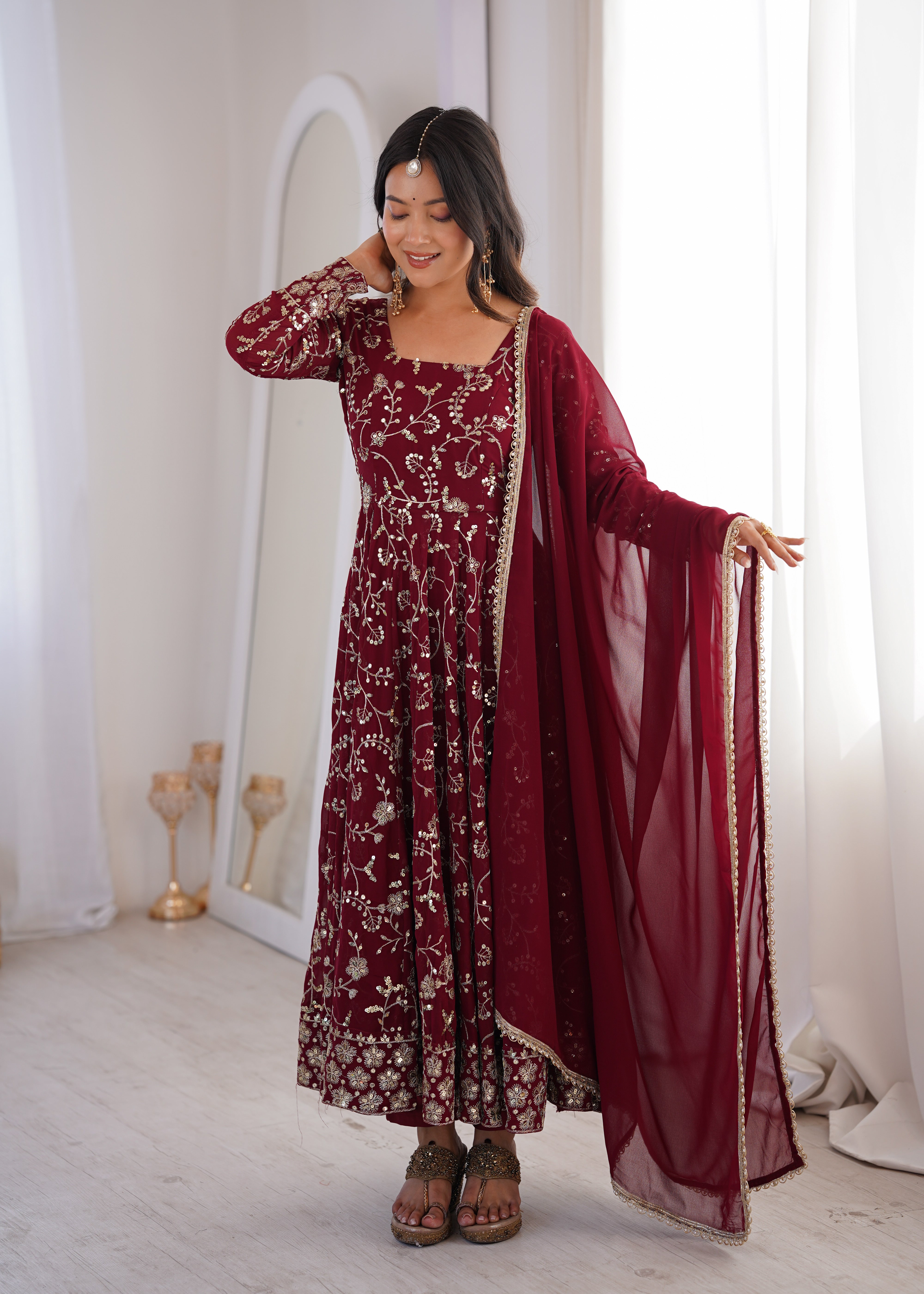 Maroon Heavy Embroidered Faux Georgette Anarkali Suit Set with Dupatta
